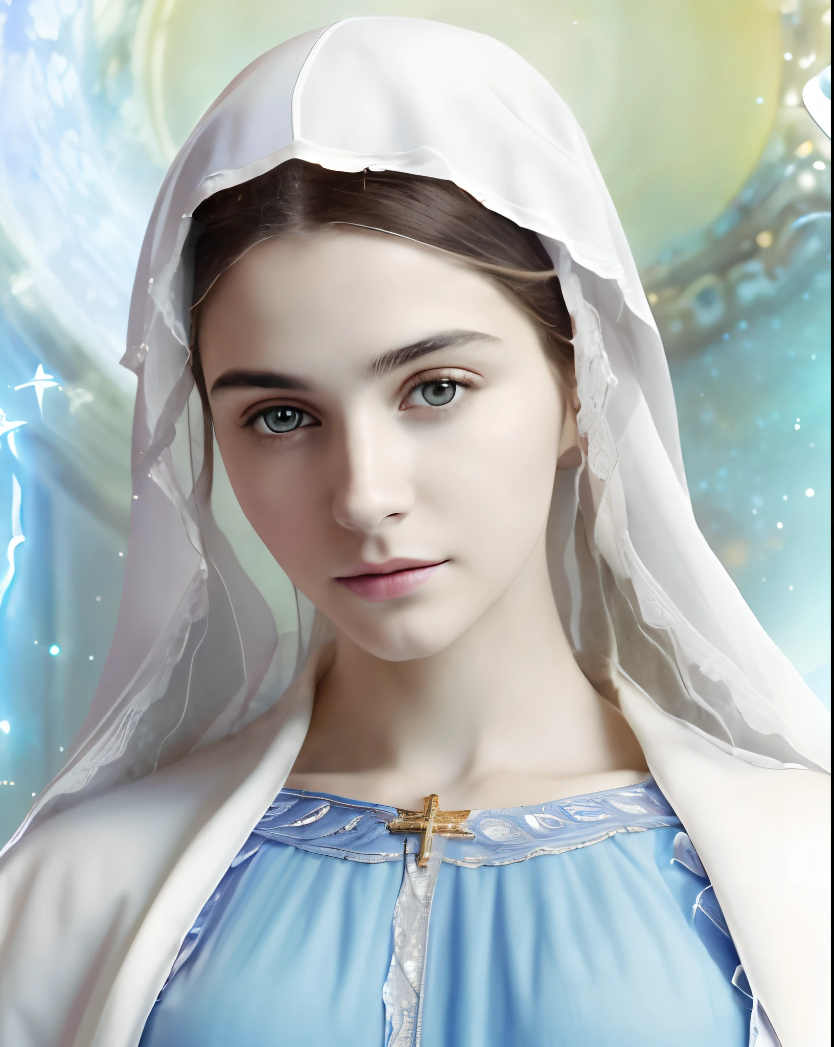 (((Bem-aventurada Virgem Maria. 19 anos de idade))) ((( With a serious and pious face. Com um olhar doce e terno))) (Obra-prima, maximum quality, Melhor qualidade, arte oficial, Beautiful and Aesthetic: 1.2), (1 garota), extremamente detalhado, (arte fractal: 1.3), colorido, mais detalhado, Rosto perfeito, Parte superior do corpo, HDR, (orando: 1.3), (linhas douradas de casaco branco: 1.2), galaxia, (listras claras), visuais atraentes, (dynamic stripes, senderos luminosos: 1.2), cores vibrantes,