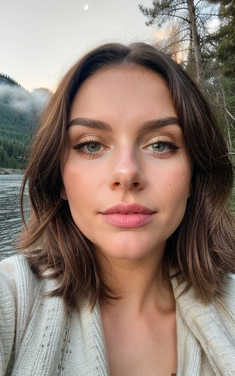 (portrait), (close up), photorealistic, best quality, hyper detailed, beautiful woman, hhayleyy,, selfie photo,upper body, solo,  outdoors, (night), mountains, real life nature, stars, moon, (cheerful, happy), sleeping bag, gloves, sweater, forest, rocks, river, wood, smoke, fog, clear sky, analog style, looking at viewer, skin texture, film grain, ultra high res, best shadow, RAW, instagram LUT, (looking at viewer), ((extremely detailed eyes and face)), ((beautiful detailed nose)), ((beautiful detailed eyes)), perfect body proportion,