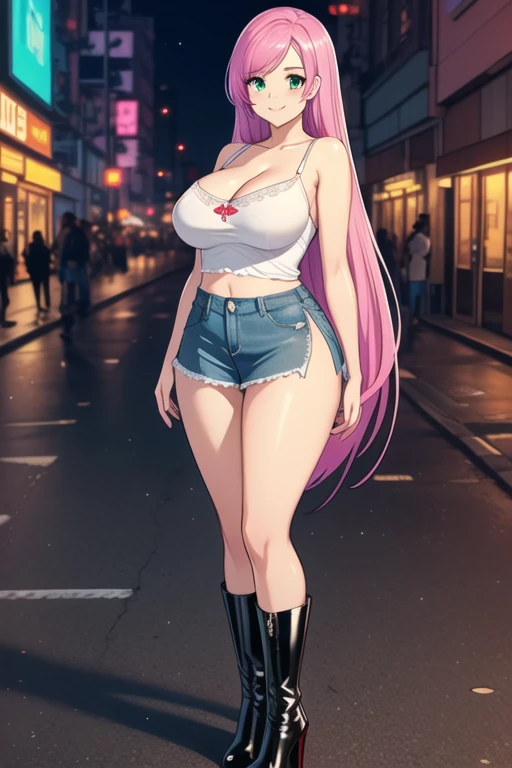 1 girl, 19 years old, Long pink hair, green eyes with slit pupils, master-piece, best quality, (standing up), (white lace camisole top, blue denim mini skirt, patent leather high heel boots, cleavage),  (Big , ultra gigantic , Super super big, Glamorous body), Make eye contact with the camera, front figure, looking forward, (light_Smile:1.5), (Detailed hands and fingers:1.2)、(Cyberpunk city at night), (FULL BODYSHOT), thighs thighs thighs thighs、beauty legs、Bare legs