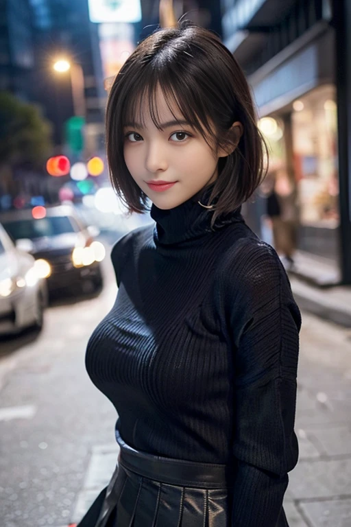 8K highest quality, masterpiece, perfect dynamic composition, Highly detailed skin and facial textures:1.3, Night photography in the city、1 girl, Cute sexy 25 year old slim woman, Fair skin, ((Transparency:1.1)), ((Huge breasts that are about to burst:1.0、skin is completely covered by clothing:1.15)), (shy smile:0.9, completely enchants you:0.9), ((She is wearing a black turtleneck sweater and a white skirt.:1.3))， (((emphasize the top of the bust:1.2)))、 short and thin hair，beautiful silver hairpin、 thin waist、 Depth of written boundary， High resolution， Super detailed， filigree， RAW is very detailed， highly detailed eyes and face， sharp pupils、cinematic lighting，Full body Esbian、dynamic pose，