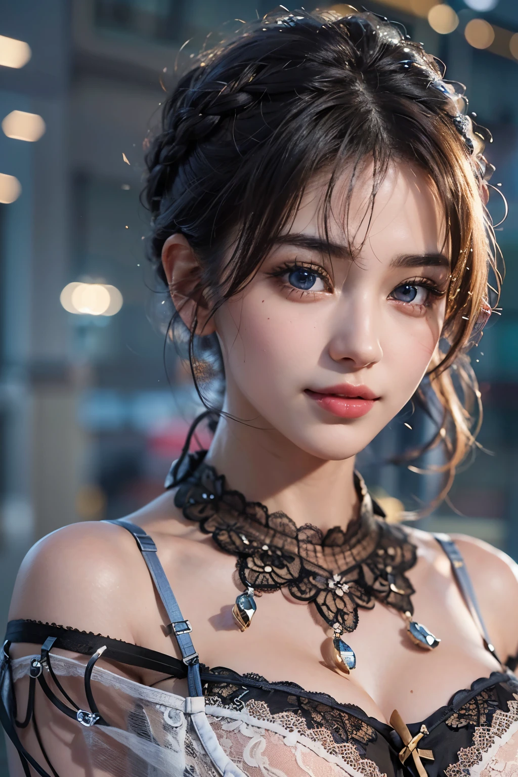 (best quality,4k,8k,highres,masterpiece:1.2), ultra-detailed, (realistic,photorealistic,photo-realistic:1.37),(beautiful detailed eyes, beautiful detailed lips, extremely detailed eyes and face, long eyelashes),studio lighting,physically-based rendering,vivid colors,(big tits, super big tits, super extra big tits),(ponytail hairstyle),(natural smile expression),(earrings, choker, ring, maid's clothing),(soft lighting),(retro atmosphere),(off-center composition),
