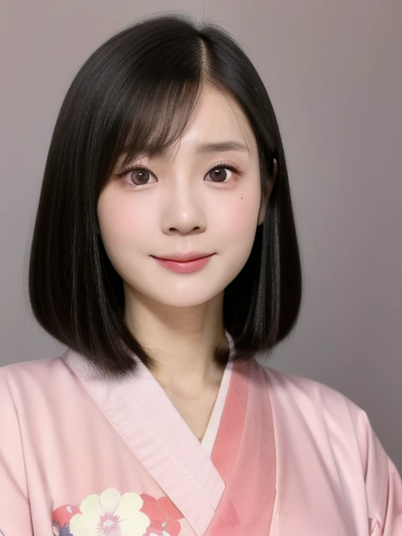 (kawaii 24 year-old Japanese girl, Nogizaka idol, Korean idol), (glossy black hair, medium bob cut:1.3), (extra rounded face, forehead, single eyelid, no makeup, soft smiling:1.2), (wearing light pink concept Kimono, Japanese traditional cloth, floral pattern printed:1.3), well shaped extra small breasts, (looking at viewer:1.2), BREAK, (simple background:1.2), (portrait, id photo, view from straight forward:1.3), BREAK, (masterpiece, best quality, photo realistic, official art:1.4), (UHD, 8K quality wallpaper, high resolution, raw photo, film grain:1.2), (shiny skin), professional lighting, physically based rendering, award winning, (perfect anatomy, highly detailed skin, extremely detailed face and eyes, well drawn clear pupils), Carl Zeiss 85 mm F/1.4, depth of field, 1girl, solo,