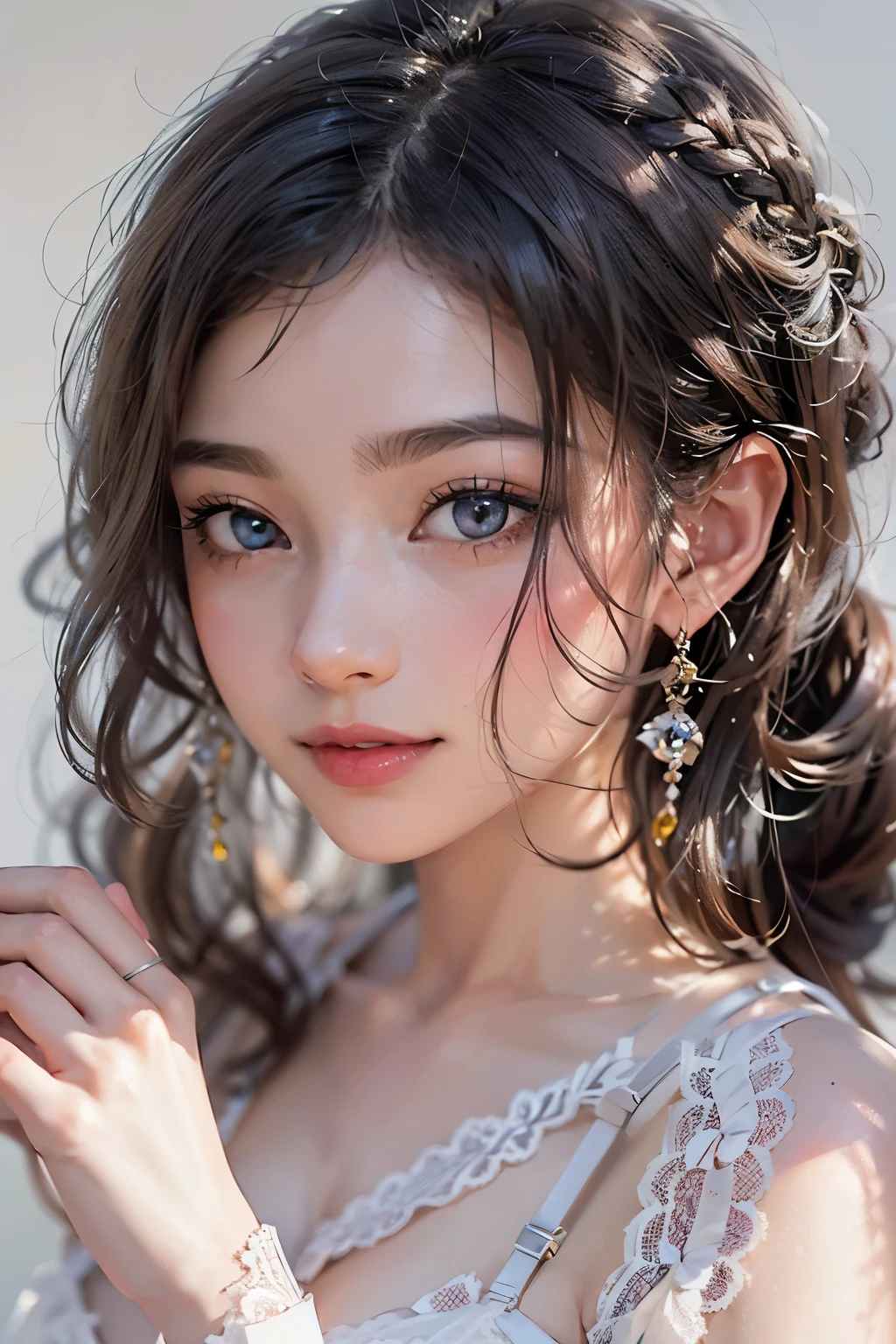 1woman, (Ultra realistic, high res), (highly detailed eyes, highly detailed hair, highly detailed face, highly detailed plump lips), (off shoulder with open breasts), breasts, upper body, caute smile, (best quality:1.4), Raw photo, (realistic, photo-realistic:1.37), professional photography, cinematic light, (fine face: 1.2),fashion model 20 years old, cute, [[[[pure eyes]]]], [[[[closeup]]]], [[[[chest]]]], [[[[neck]]]], [[[[shoulders]]]], perfect eyes, perfect iris, perfect lips, perfect teeth, perfect skin, soft front light, glow, HDR, (muted colors:1.2), Retrato da mulher、white skin、((cabelo Castanho ondas suaves)) Best Blanco Romantico、8k resolution、Frente Illuminada、アメリカの女の子のPortrait、solo、20-year-old、beautiful face、Upper body、medium side cut、beautiful black hair、beautiful little face woman, solo,　black theme,　look at the audience,one woman, It&#39;s real, Wolfsan-6500-V1.3, anime、animeスタイル、beautiful diamond eyes、20 year old american girl、braided hair、swimsuit、portrait beautiful detailed woman, very detailedな青い顔, Reality, beautiful narrow blue eyes, huge file size, Super detailed, High resolution, very detailed, highest quality, masterpiece, An illustration, very detailed, ticker, Unite, 8K painting wallpaper, fine, fine details, masterpiece, highest quality, Hvery detailed ticker uniform 8K wallpaper, face light movie lighting、cuteブラウス, dark background, oil, masterpiece, diffused soft film lighting, Portrait, highest quality (perfect face:1.4),stunning girl pictures,(8K and、photorealistic:1.25) 、(lip gloss、eyelashes、shiny face、shiny skin、highest quality、超High resolution、Depth of the bounds written、chromatic aberration、caustic road lighting、natural shading、sexy 1girl, Extremely cute, Amazing face and eyes, (Beautiful lovely smile), (extremely detailed beautiful face), bright and shiny lips, (cute bikini:1.3), (very elaborate lace bra:1.5), smooth skin, super beautiful, attractive, (Best Quality:1.4), (hyper quality), (Ultra-detailed), (hyper-realistic, Photorealsitic:1.37), Authentic skin texture, complex details, extremely detailed CG unified 8k wallpaper, RAW Photos, professional photograpy, Cinematic lighting, coast, sea, palm trees,masterpiece, best quality, high quality, High definition, High quality texture, High quality shadow, high detail, beautiful detailed, finely detailed, extremely detailed cg, detailed texture, a realistic representation of the face, realistic, colorful, delicate, Cinematic Light, sidelighting, Lens Flare, Ray tracing, sharp focus, (intrica