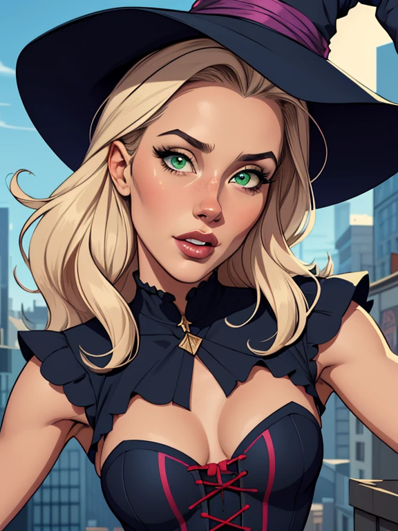  Imagem de desenho animado de uma mulher .cartoon style illustration, estilo de arte dos desenhos animados, estilo de arte dos desenhos animados, digital illustration style, design de personagens altamente detalhado, arte digital detalhada fofa, City fan art, Design de personagens de retrato, beautiful digital illustration, retrato de alta qualidade, Arte em quadrinhos, mulher jovem. Green eyes Medium bust and wonderful witch outfit sensual corset costume. expression of sexual desire