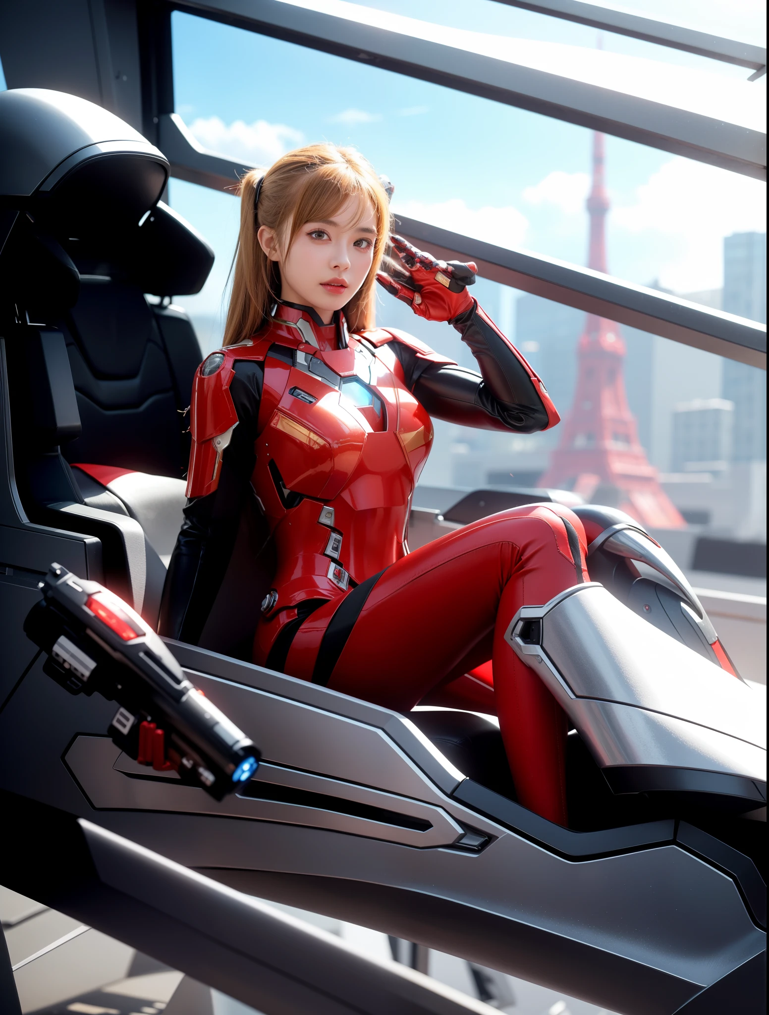 futuristic high tech style,best quality,fairy skin,(every time :1.2),Everlasting,super detailed,actual,high quality,Light,Light线追踪,ultra high definition,upper part of body, Future Iron Man mecha,shooting,Battery,Launching equipment,large caliber artillery,Rostland 8K,Armored Girl,Wearing a cyberpunk technology helmet,Star Warframe Helmet,With breathing Light,The armor of the future shines,armed cannon,high-tech armor,Sitting in the aircraft