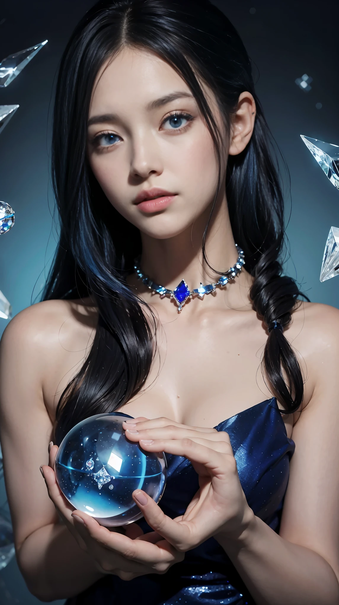 (and soul)、(secondary mysterious、Pisces、1 girl、blue hair、hair length、((French Twist))、blue eyes、gradient eyes、sparkling eyes、bright eyes、finely tuned、expressive eyes、blue clothes、gem、blue lighting、blue theme、(shape:1.5)、abstract、highest quality、Super detailed、(((Holding a mysterious crystal ball)))、