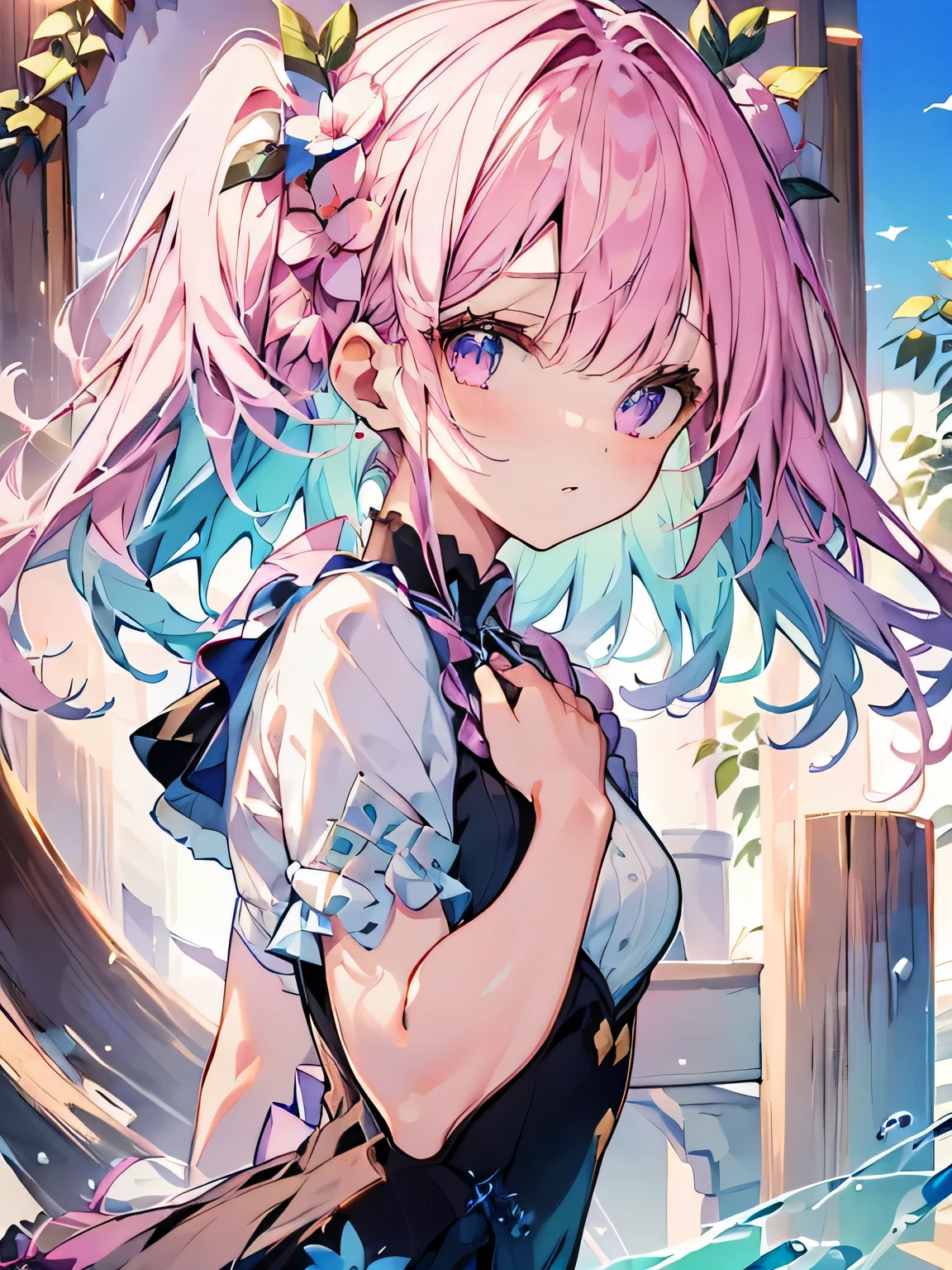 (master piece,best quality:1.6),super skirt,Short sleeve tops,upper limbs,beautiful girl,magic scene,blue sky,small breasts,looking at the viewer,pink theme,official art,RAW photography,incredibly ridiculous resolution,the face is illuminated,dynamic lighting,cinematic lighting,ultra photoreal sim,High resolution,photo shoot,sharp focus,best details,very detailed,super detailed,small details,highly detailed eyes and face