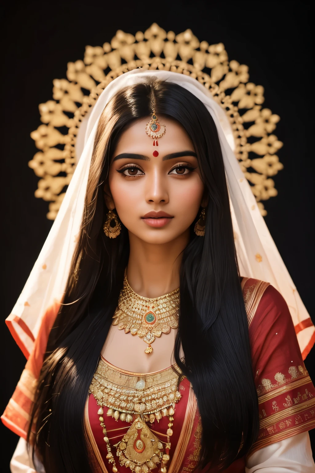 Photo of a new 26-year-old Indian woman, raw, Stunning lady, (Extra long straight black hair), ((Portrait)), ((Detailed face:1.2)), ((detailed facial features)), (finely detailed skin), dusky complexion, wrapped in a sheet, Traditional Indian attire, Standing against a colorful background, (warm color), vibrant, Reflectors, (masterpiece) (perfectly proportions)(photos realistic)(Best Quality) (Detailed) photographed in a Canon EOS R5, 50mm Lens, F/2.8, nffsw, (8K) (Wallpaper) (Cinematic lighting) (Dramatic Lighting) (sharp focus) (Convoluted) Fashion, From