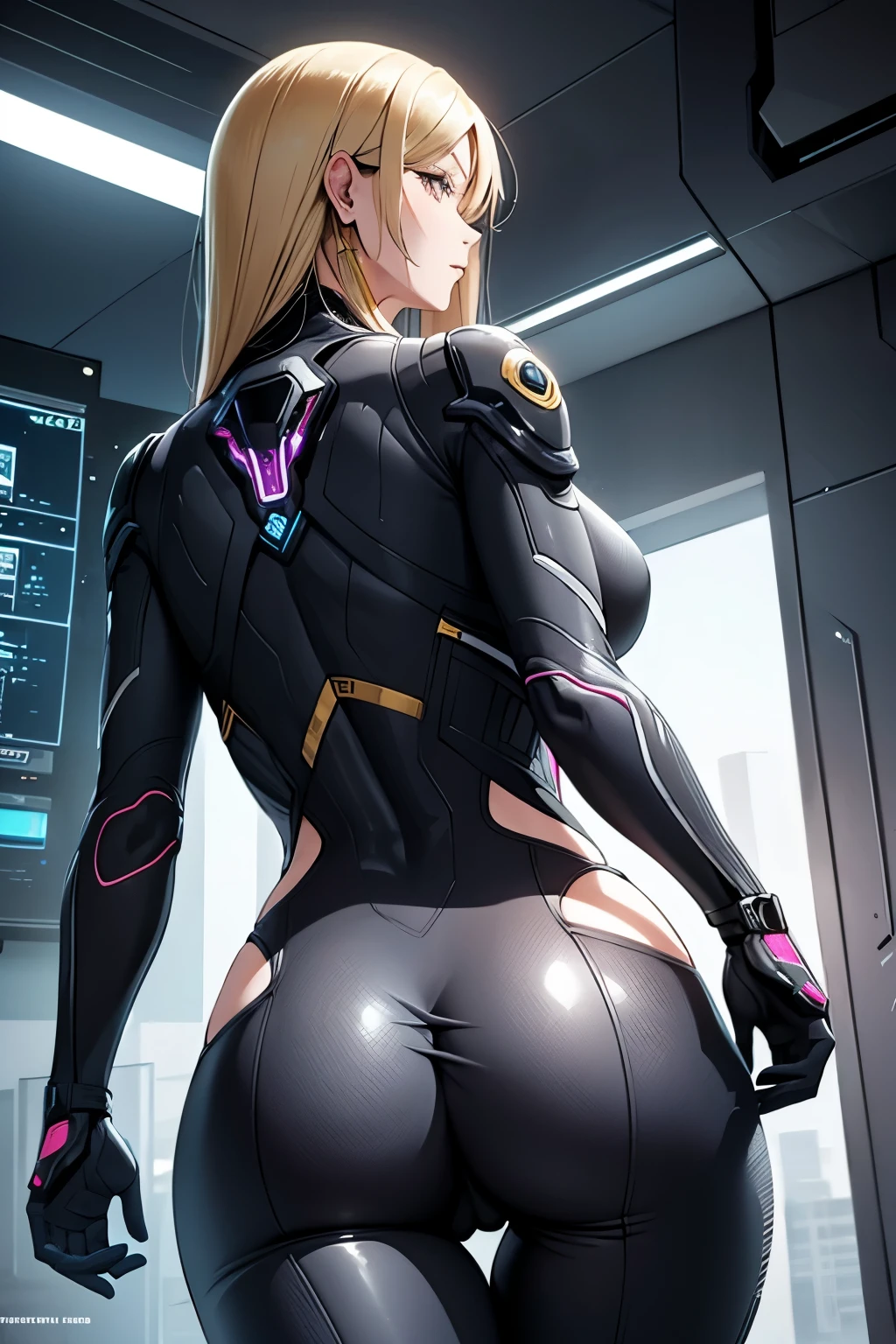 Milf, woman in a futuristic suit, highly detailed face, cool, mom, tomboy, very large breast, (Milf), mature face, (mature female), cybersuit, anime girl wearing tight suit, milfication, Elegant body, navel focus, naked body, gloves, earrings, science fiction, female protagonist, standing, volumetric light, detailed lighting, detailed textures, oppai cyberpunk, biomechanical oppai, masterpiece, best quality eyes, sci-fi background, futuristic landscape, low angle, (look at the camera), long hair、smooth surface, gold hair, (((back))), (((ass))), NSFW, (((grab ass)))