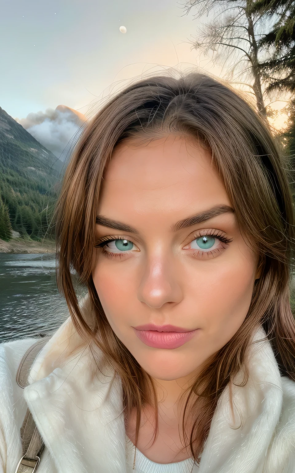 (portrait), (close up), (green blue eyes),  photorealistic, best quality, hyper detailed, beautiful woman, hhayleyy,, selfie photo,upper body, solo,  outdoors, (night), mountains, real life nature, stars, moon, (cheerful, happy), sleeping bag, gloves, sweater, forest, rocks, river, wood, smoke, fog, clear sky, analog style, looking at viewer, skin texture, film grain, ultra high res, best shadow, RAW, instagram LUT, (looking at viewer), ((extremely detailed eyes and face)), ((beautiful detailed nose)), ((beautiful detailed eyes)), perfect body proportion,