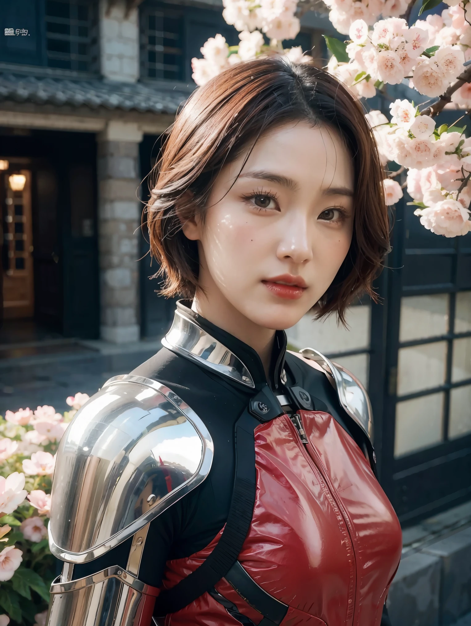 beautiful japanese young woman, wearing cyborg armor, thick symmetrical features, very short hair, background is cherry blossoms, pink aura, red lips, octane render,