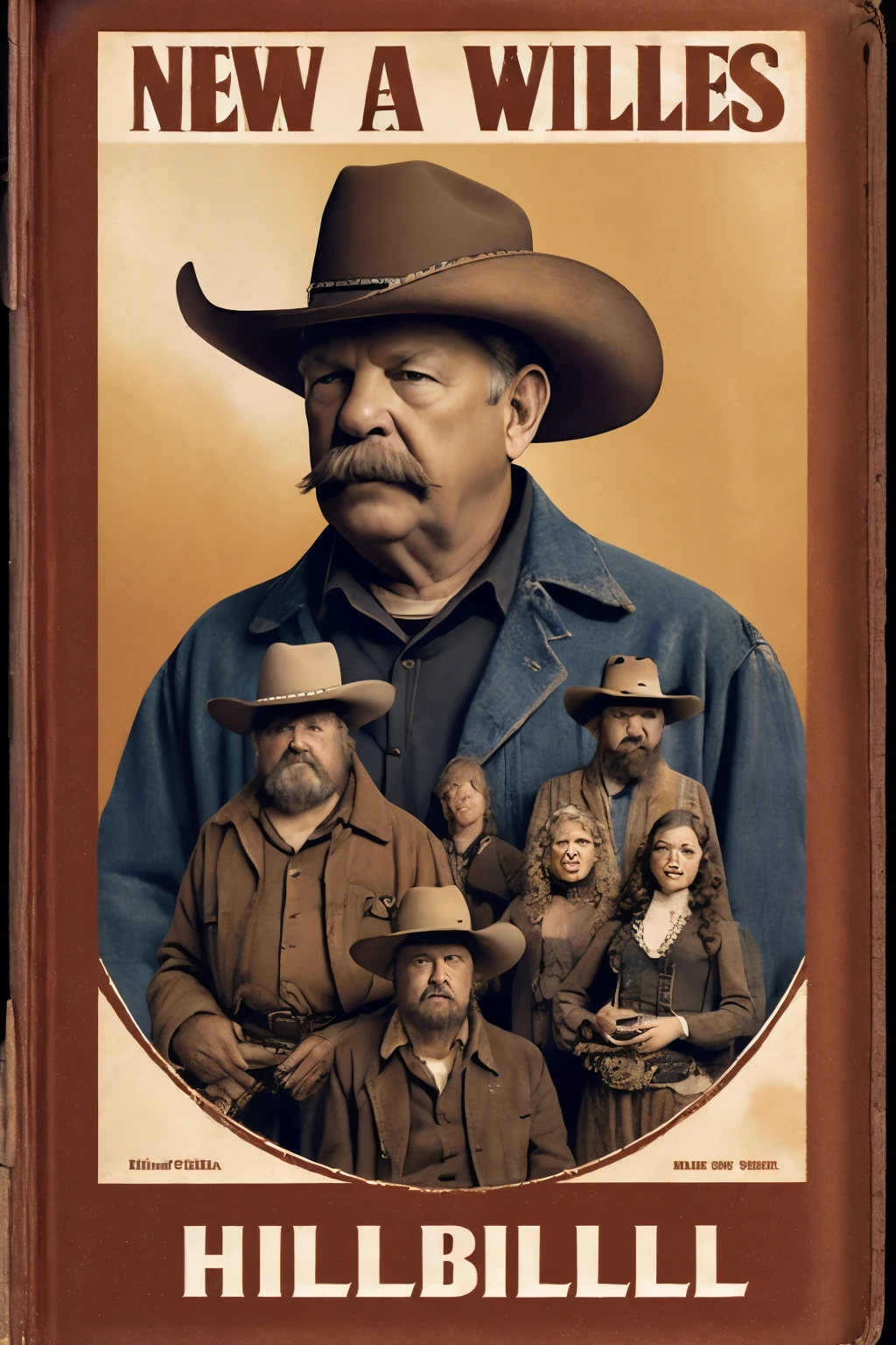 make an old west style cover with 6 hillbillies on it and the name new jersey hillbillies

