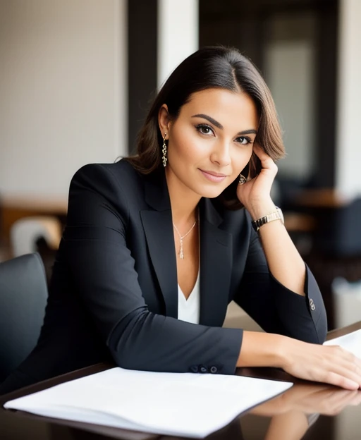 Take a closer look at this stunning photo of a beautiful woman. She is sitting at a table in a chic black suit, and your detailed face is captured in high quality. Don't miss this beautiful photo