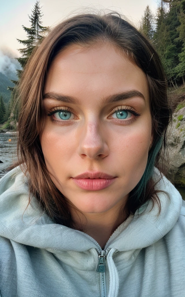 (portrait), (close up), (green blue eyes),  photorealistic, best quality, hyper detailed, beautiful woman, hhayleyy,, selfie photo,upper body, solo,  outdoors, (night), mountains, real life nature, stars, moon, (cheerful, happy), sleeping bag, gloves, sweater, forest, rocks, river, wood, smoke, fog, clear sky, analog style, looking at viewer, skin texture, film grain, ultra high res, best shadow, RAW, instagram LUT, (looking at viewer), ((extremely detailed eyes and face)), ((beautiful detailed nose)), ((beautiful detailed eyes)), perfect body proportion,