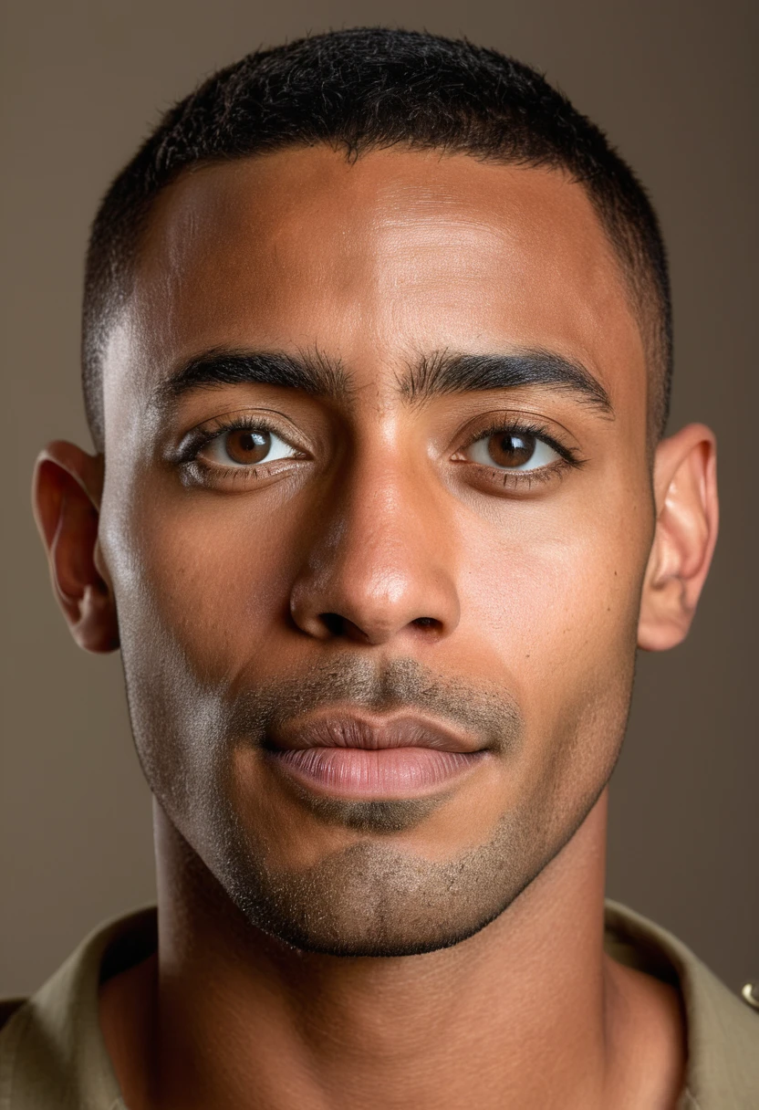 full face portrait photo, nude man, short cropped military style haircut and clean shave, 30 years old, 40%  African-American, 35% Eritrean, 5% Israeli, plain neutral background, no shadows, uniform lighting, no beard, no facial hair, no shadows, even lighting, ring light, facing camera