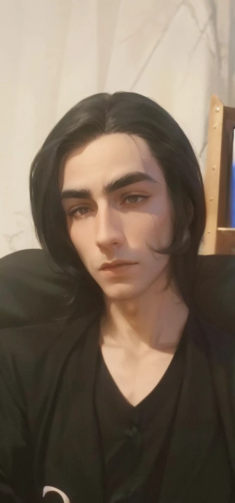 create an image from the man in this animated style photo of Alucard in Castelvania with dark black eyes and a full black suit class and charistmatic , and he as no beard , and straight eyebrows