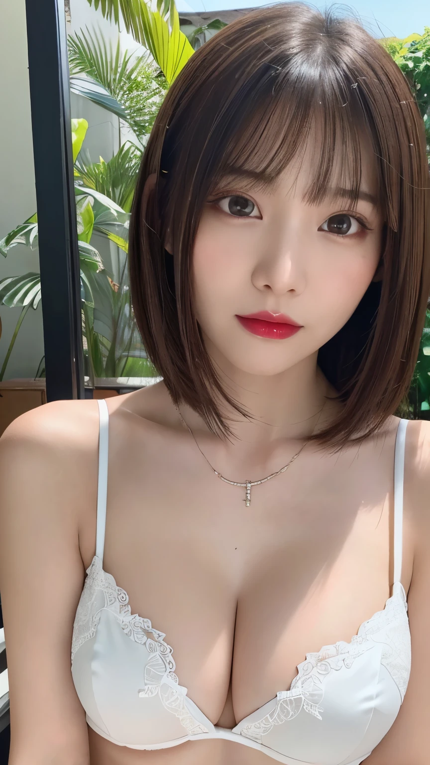 (highest quality、on the table、8K、best image quality、Award-winning work)、(young girl, :1.3)、(white camisole:1.2)、(red eyeshadow:1.2)、perfect makeup、long eyelashes、Ultra HD Shining Eyes、ultra hd hair、ultra high resolution glossy lips、Super high resolution perfect teeth、Super high resolution cute face、brown hair、(very short straight hair:1.1)、look at me and smile、[clavicle]、accurate anatomy、tropical beach、(the moodiest warm light:1.2)、blurred background、have bangs、Super high-resolution glossy and moisturized face、Super high resolution glowing skin、The most delicate face、Ultra high resolution detailed faces、ultra high resolution hair、Super high resolution shining eyes、Beautiful face with delicate expression、Super high resolution glossy red lips、big breasts、cleavage、fashion necklace、