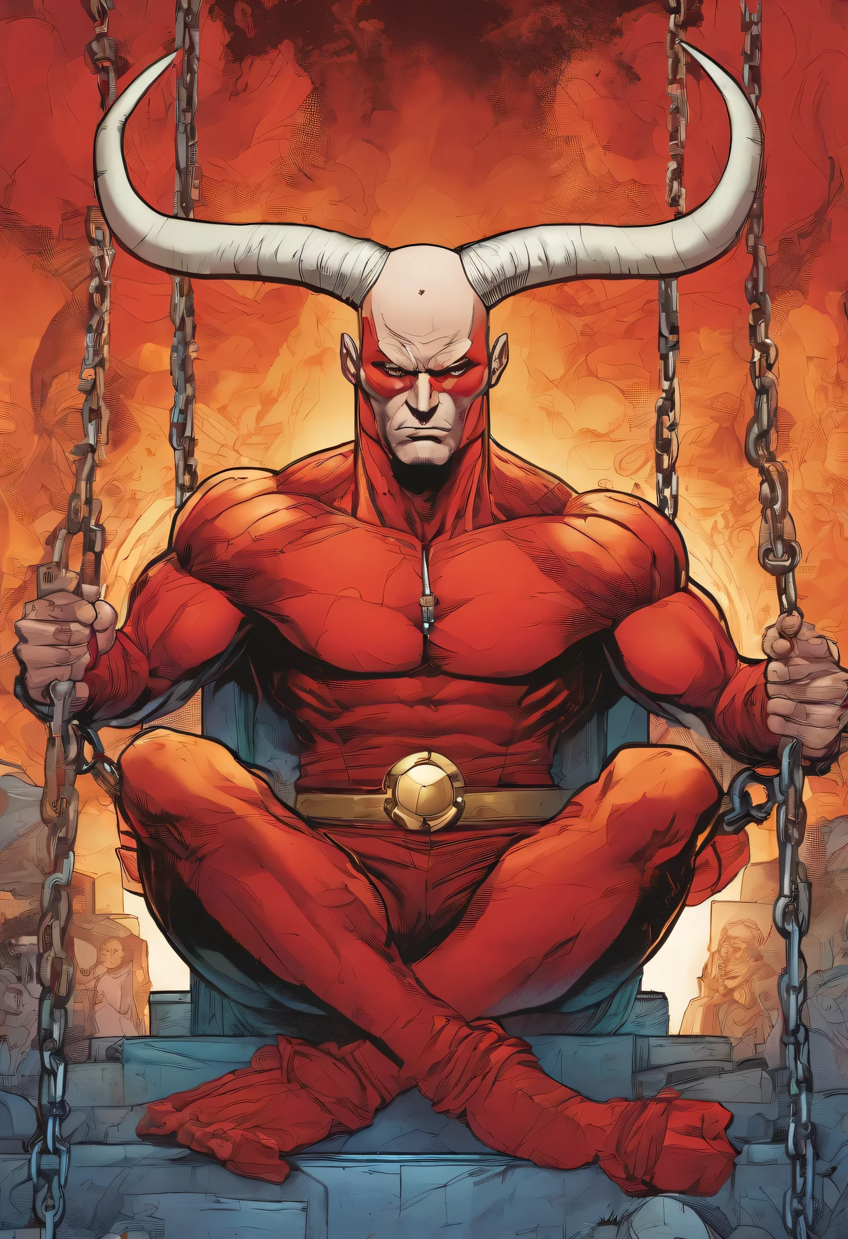 A detailed and vibrant Marvel Comic style drawing of a bald man with red full-body paint, two horns, six-pack abs, and chains.