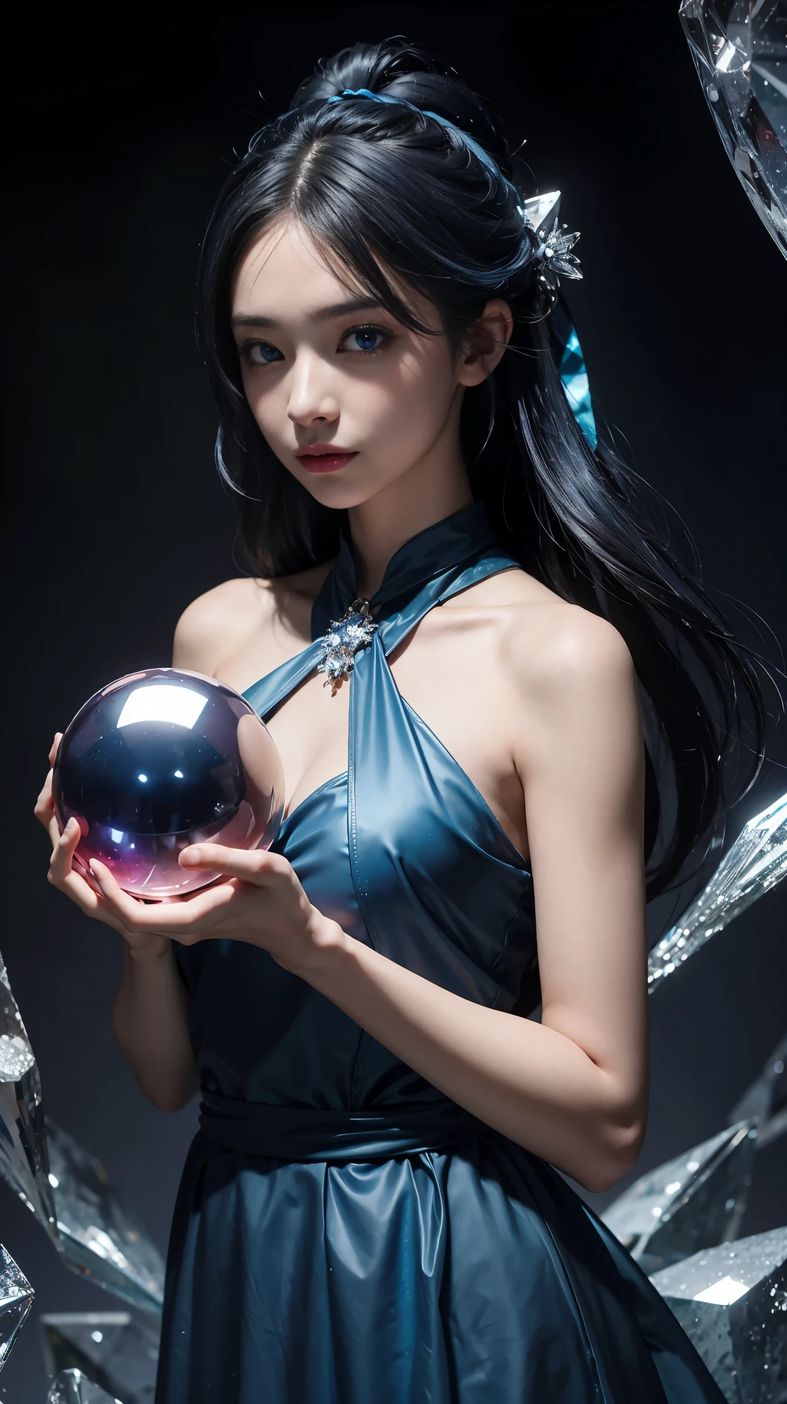 （and soul）、（secondary mysterious、Pisces、1 girl、blue hair、hair length、((French Twist))、blue eyes、gradient eyes、sparkling eyes、bright eyes、finely tuned、expressive eyes、blue clothes、gem、blue lighting、blue theme、（shape：1.5）、abstract、highest quality、HDR, Super detailed、(((Holding a mysterious crystal ball)))、
