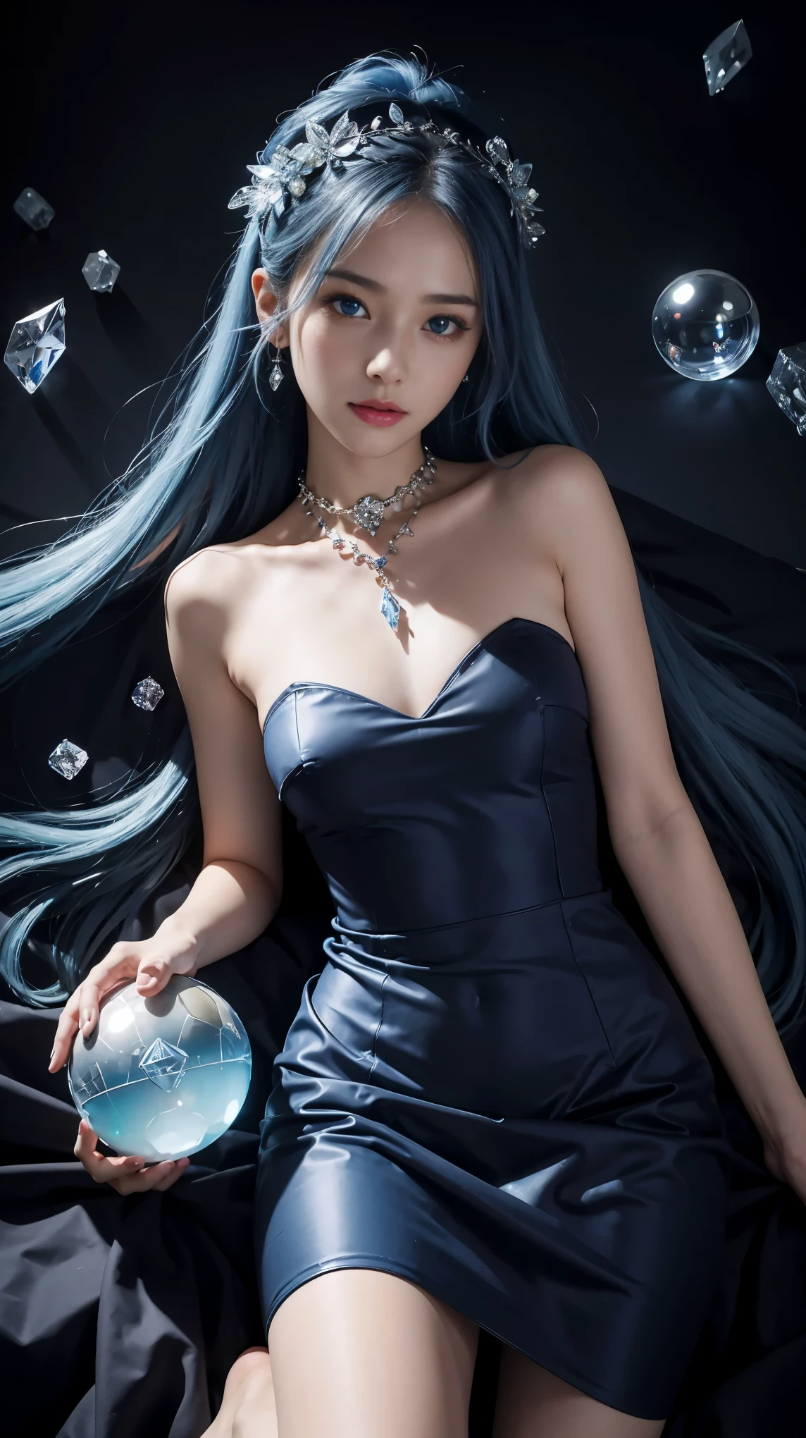 (and soul)、(secondary mysterious、Pisces、1 girl、blue hair、hair length、((French Twist))、blue eyes、gradient eyes、sparkling eyes、bright eyes、finely tuned、expressive eyes、blue clothes、gem、blue lighting、blue theme、(shape:1.5)、abstract、highest quality、HDR, Super detailed、(((Holding a mysterious crystal ball)))、