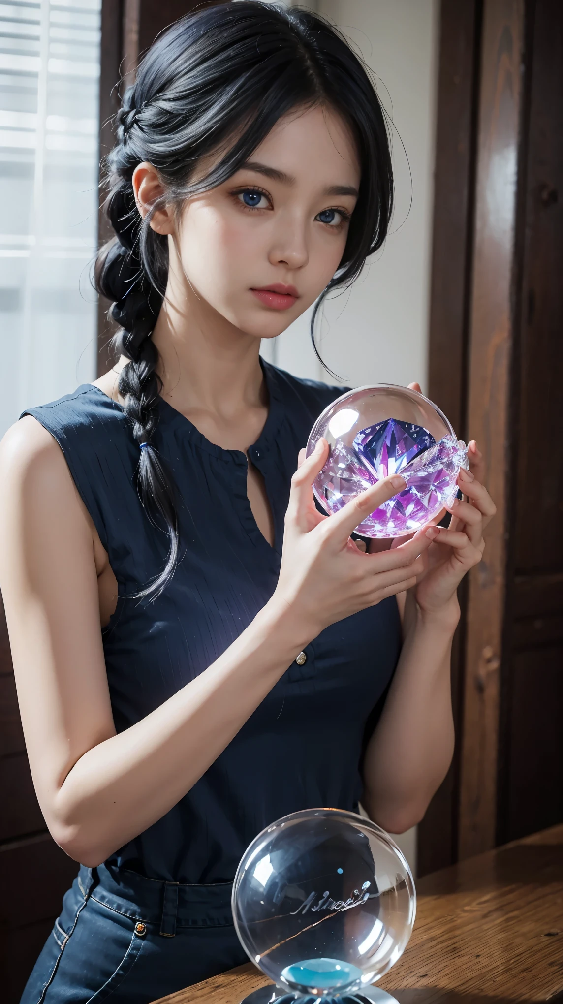 （and soul）、（secondary mysterious、Pisces、1 girl、blue hair、hair length、((French Twist))、blue eyes、gradient eyes、sparkling eyes、bright eyes、finely tuned、expressive eyes、blue clothes、gem、blue lighting、blue theme、（shape：1.5）、abstract、highest quality、HDR, Super detailed、(((Holding a mysterious crystal ball)))、