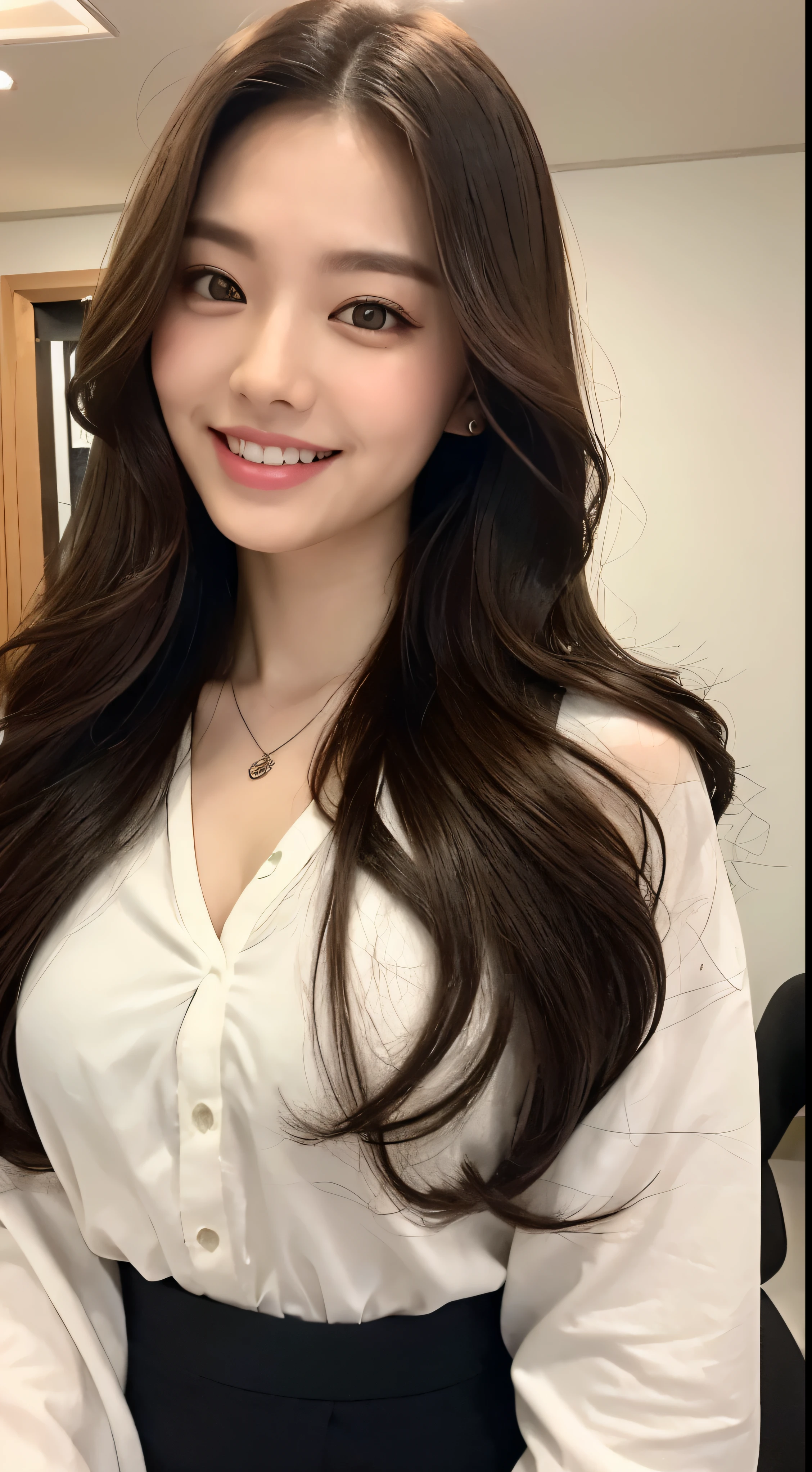 (Best quality,A high resolution,tmasterpiece:1.3),a tall and beautiful woman,Slim abs,dark brown hair,Loose wavy shape,mediuml breasts,Wearing a pendant,White button-down shirt,obi strip,a black skirt,sit on chair(The background is all white),The details of the face and skin texture are beautifully rendered,detailed eyes,double eyelid,Smile sweetly,White teeth exposed