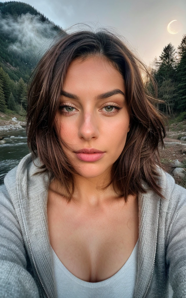 (portrait), close up,  photorealistic, best quality, hyper detailed, beautiful woman, hhayleyy,, selfie photo,upper body, solo,  outdoors, (night), mountains, real life nature, stars, moon, (cheerful, happy), sleeping bag, gloves, sweater, forest, rocks, river, wood, smoke, fog, clear sky, analog style, looking at viewer, skin texture, film grain, ultra high res, best shadow, RAW, instagram LUT, (looking at viewer), ((extremely detailed eyes and face)), ((beautiful detailed nose)), ((beautiful detailed eyes)), perfect body proportion,