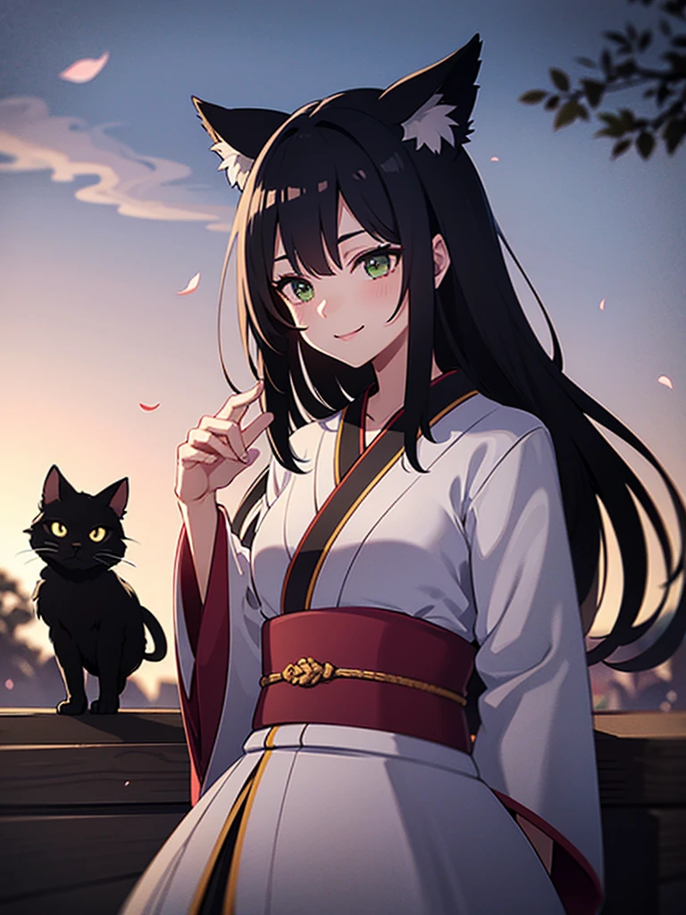 ultra-detailed,long-haired girl with nekomata features and piercing green eyes,dark fantasy anime style,haunting,moody atmosphere,sharp focus,HD quality,physically-based rendering,vivid colors,subtle purple undertones,soft golden lighting,layered kimono with intricate patterns,geometric cherry blossom background,summoning spirits with magical incantations,cat ears and tail,thin and graceful fingers playing a haunting melody on a shamisen,wisps of ethereal smoke,whiskers twitching,intense gaze with a mischievous smile.