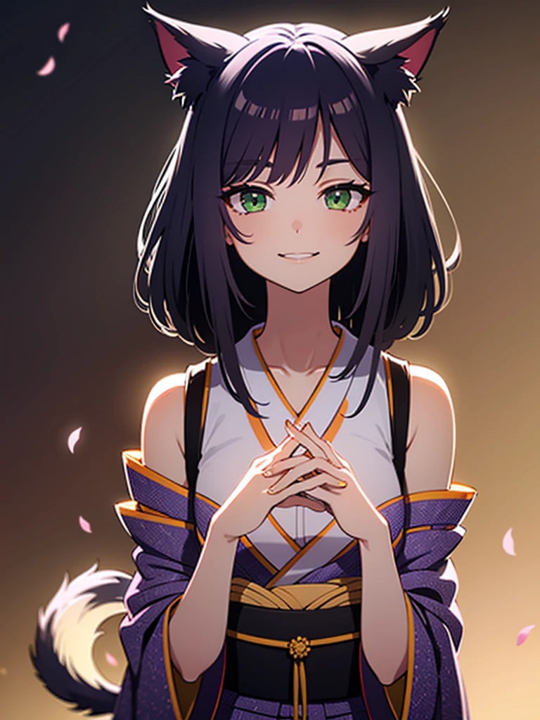 ultra-detailed,long-haired girl with nekomata features and piercing green eyes,dark fantasy anime style,haunting,moody atmosphere,sharp focus,HD quality,physically-based rendering,vivid colors,subtle purple undertones,soft golden lighting,layered kimono with intricate patterns,geometric cherry blossom background,summoning spirits with magical incantations,cat ears and tail,thin and graceful fingers playing a haunting melody on a shamisen,wisps of ethereal smoke,whiskers twitching,intense gaze with a mischievous smile.