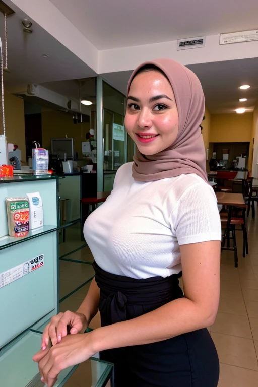 1 malay girl , modern plain cream hijab, smile, medium portrait shot , watery eyes , wear white big oversized tshirt and black high waist pants, white modern hotel bedroom background, bright front light, grab pose, ((big ti , ((excessive cum:1.0)), Preant, maid caffe