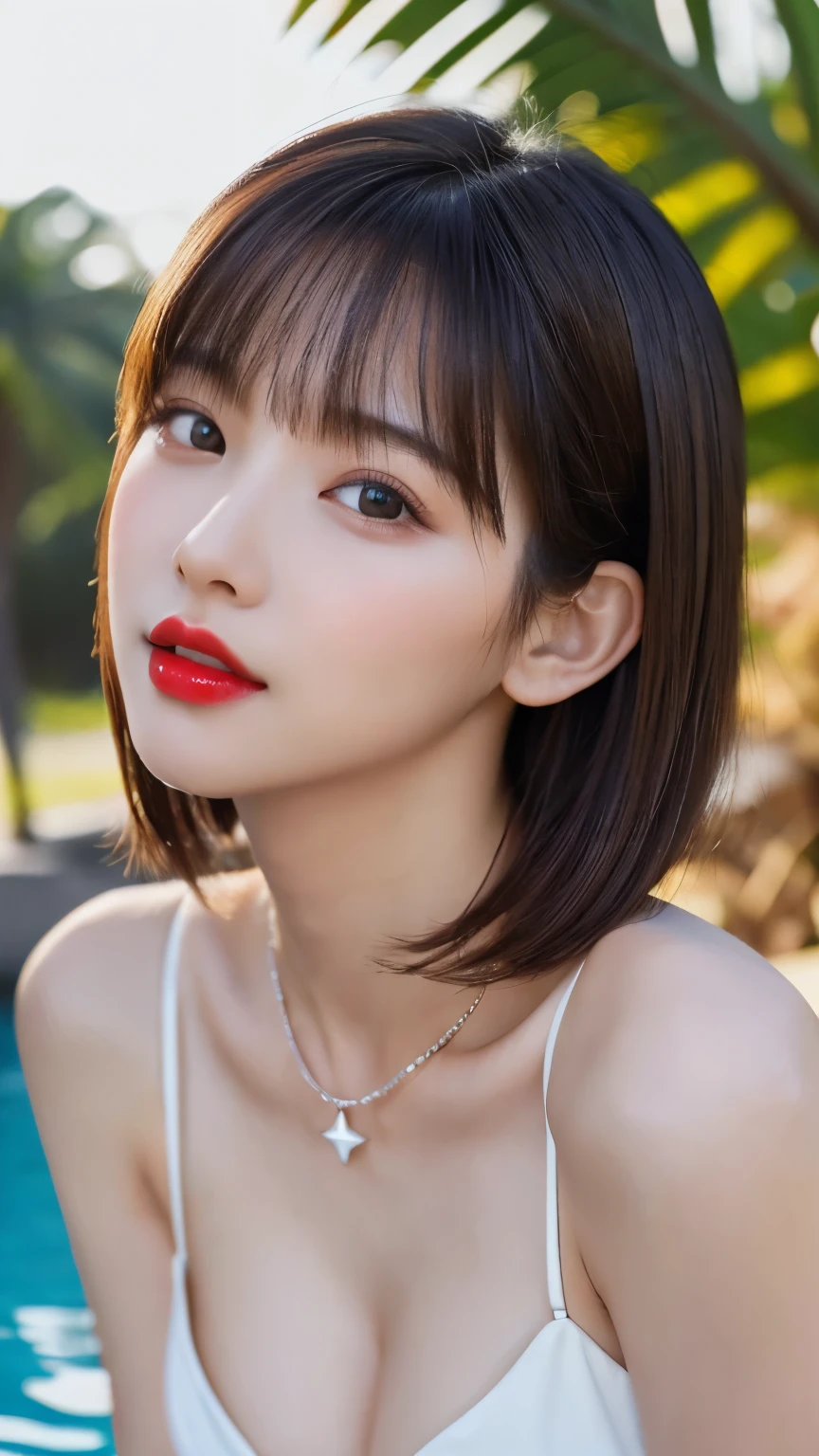 alone, whole body,Earrings, eyelash, pantyhose,, (Beach,(Palm tree),crowd,(White shirt), Floral print,Red lips),Sexy and provocative smile,, (Shiny skin:1.05),(blush:0.9),(Skin Dentition:1.15),Realistic, masterpiece, Highest quality, High resolution,Absurd, (Perfect Face:1.1), (Sharp focus:1.1),, Trending on Art Station, Trending on CGSociety, Complex, High detail, Sharp focus, dramatic,