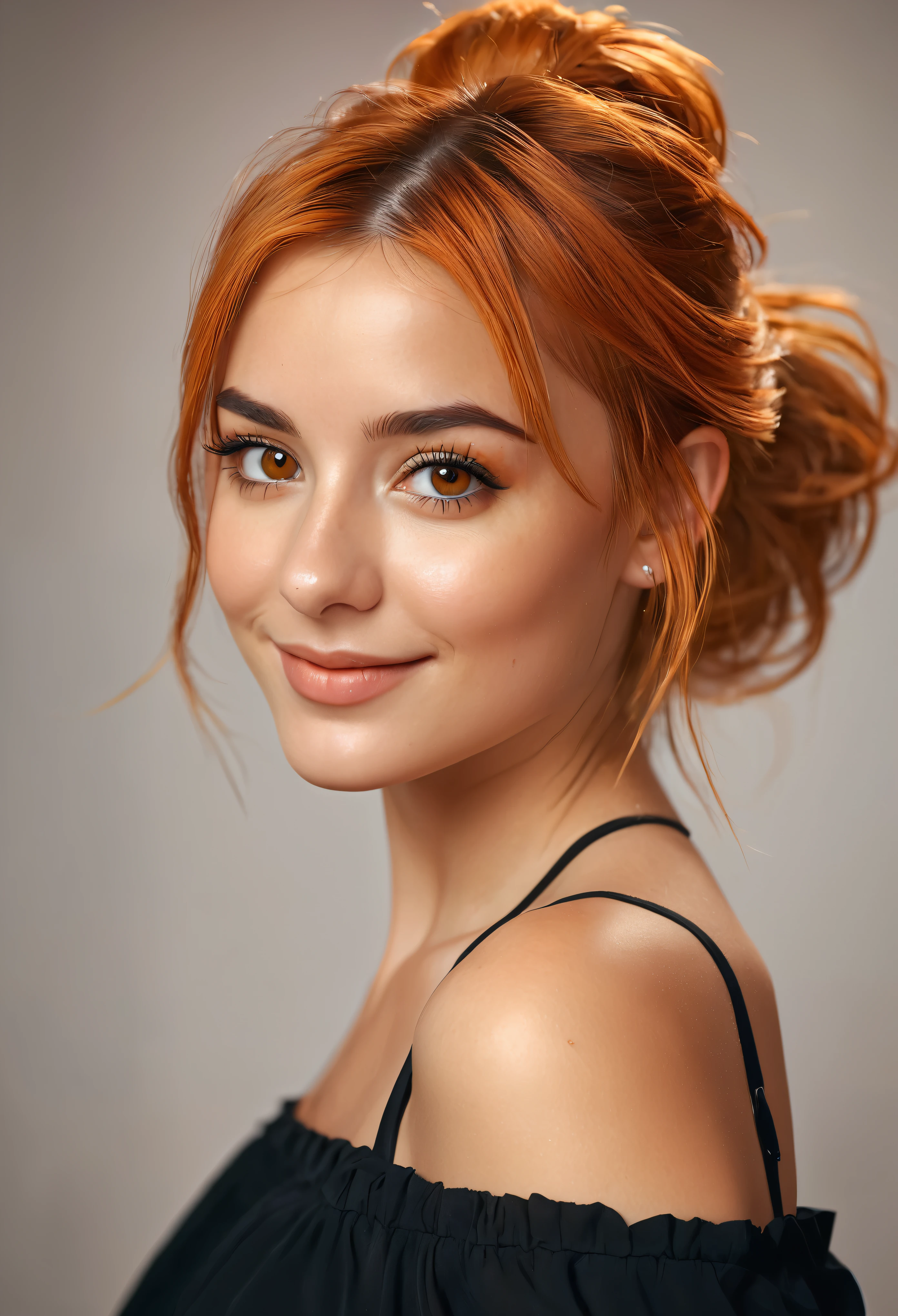 Beautiful and sexy European woman with light brown eyes, 25 years old, strong and vibrant short orange hair the girl is wearing a beautiful black dress, high heels, full subject shown in the photo, abstract light background, girl is in focus, blurred background, depth of field, sarcastic smile, girl is looking to the side, girl is not looking at the camera, complete subject appears in the photo, bare legs, no nudity, hair in a messy bun, light brown eyes, vibrant orange hair slim waist, very detailed, innocent face, face length 1.3 times the width of the face, almond-shaped eyes, square face shape, high cheekbones, naturally wavy hair, honey eyes, high resolution, artwork, best quality , intricate details, very detailed, sharp focus, detailed skin, realistic skin texture, texture, detailed eyes, professional, 4k, charming smile, shot with Canon, depth of field, Kodak Vision Colors, Perfectly fitted body, extremely detailed, photo_\ ( ultra \), photorealistic, realistic, post-processing, Maximum detail, roughness, Real life, ultrarealistic, photorealism, photography, 8K Ultra HD, photography