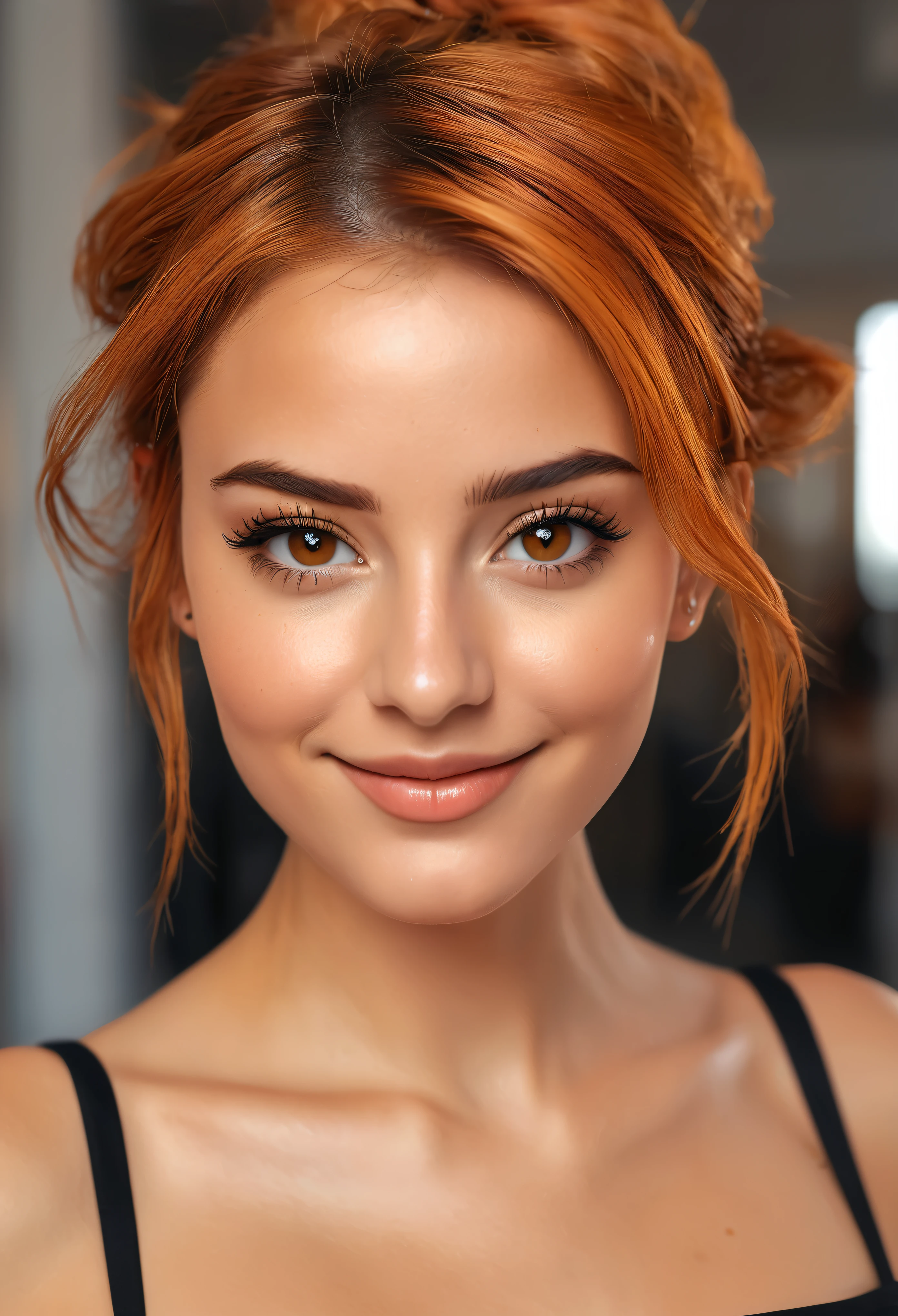 Beautiful and sexy European woman with light brown eyes, 25 years old, strong and vibrant short orange hair the girl is wearing a beautiful black dress, high heels, full subject shown in the photo, abstract light background, girl is in focus, blurred background, depth of field, sarcastic smile, girl is looking to the side, girl is not looking at the camera, complete subject appears in the photo, bare legs, no nudity, hair in a messy bun, light brown eyes, vibrant orange hair slim waist, very detailed, innocent face, face length 1.3 times the width of the face, almond-shaped eyes, square face shape, high cheekbones, naturally wavy hair, honey eyes, high resolution, artwork, best quality , intricate details, very detailed, sharp focus, detailed skin, realistic skin texture, texture, detailed eyes, professional, 4k, charming smile, shot with Canon, depth of field, Kodak Vision Colors, Perfectly fitted body, extremely detailed, photo_\ ( ultra \), photorealistic, realistic, post-processing, Maximum detail, roughness, Real life, ultrarealistic, photorealism, photography, 8K Ultra HD, photography