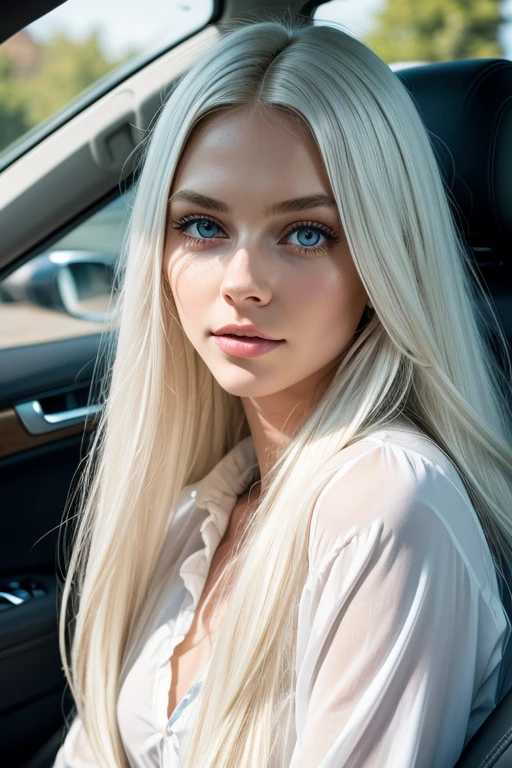 best texture, high quality, Ultra HD, 8k, dress style outfit. A photorealistic portrait of a 20 year old Norwegian girl with long flowing white hair and realistic light blue eyes. It must have a natural expression. The background in a luxury car in the night. Capture this image with high resolution photography using an 100mm lens for a more flattering image.
