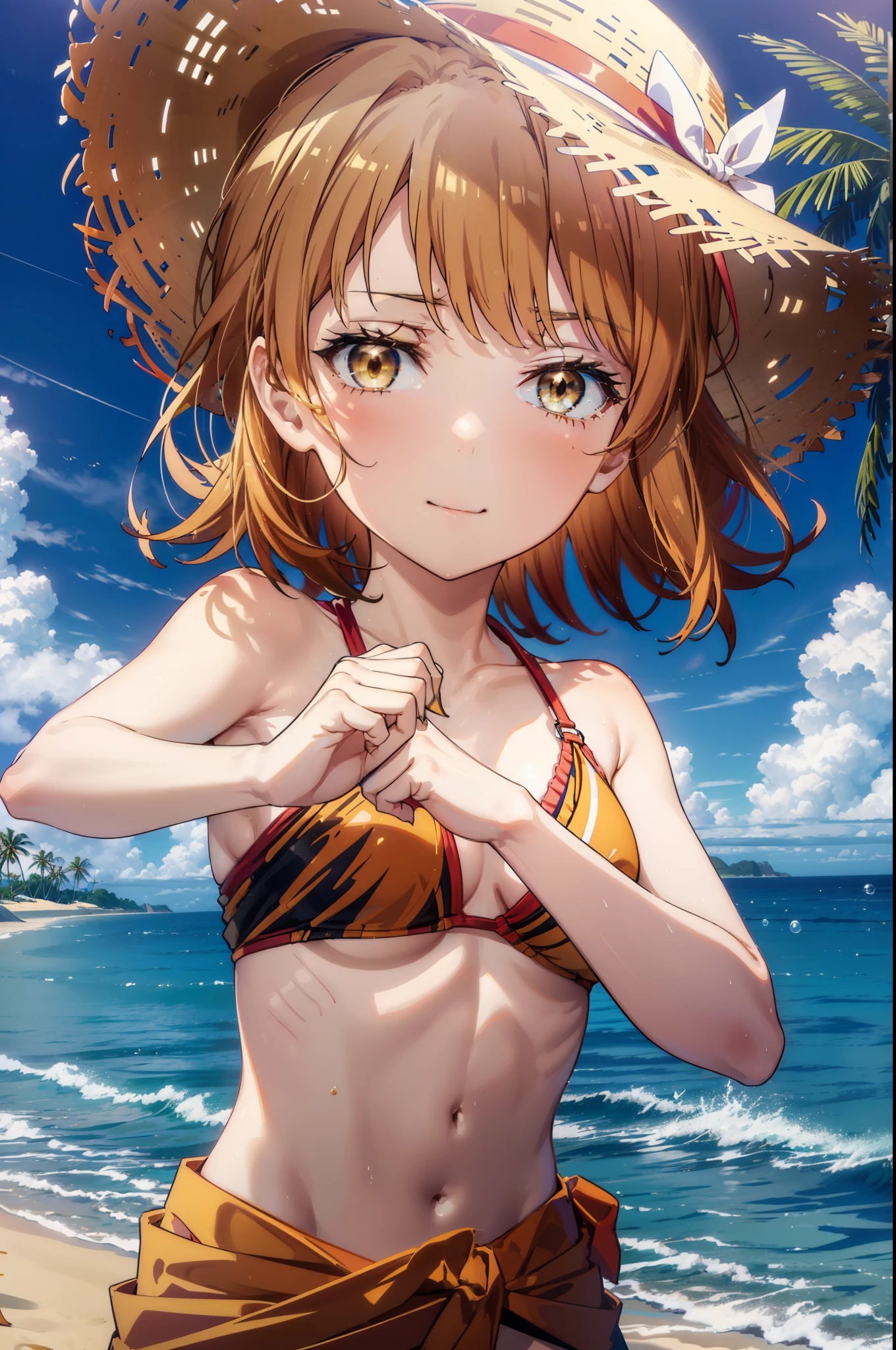 irohaisshiki, iroha isshiki, short hair, brown hair, (brown eyes:1.5), medium chest,smile,big straw hat,Red Bikini Swimsuit,naked belly,A light red blanket is wrapped around his waist., (beach salon),((salon)), beach outfit,real summer,Palm tree, 砂浜
break outdoors, beach,
break looking at viewer,
break (masterpiece:1.2), highest quality, High resolution, unity 8k wallpaper, (figure:0.8), (detailed and beautiful eyes:1.6), highly detailed face, perfect lighting, Very detailed CG, (perfect hands, perfect anatomy),