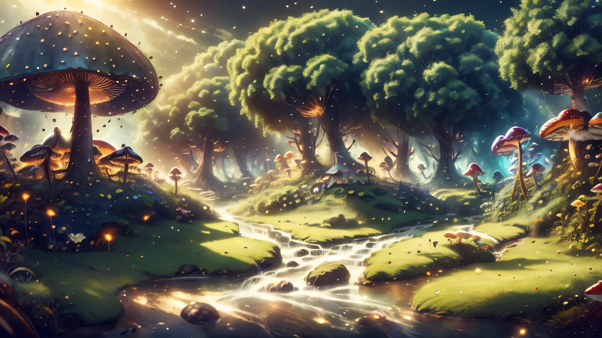 Masterpiece, best quality, 8k, panoramic view, center of the Leprechaun village, Shoe stores, weapons store, a tavern and the large utility store, Lush vegetation and mushrooms make up the scene, inhabited by Leprechauns, squirrels, foxes, rabbits , birds and cats, fairytale ambiance, harmony of nature, ethereal magic, breathtaking beauty, mysterious wonder