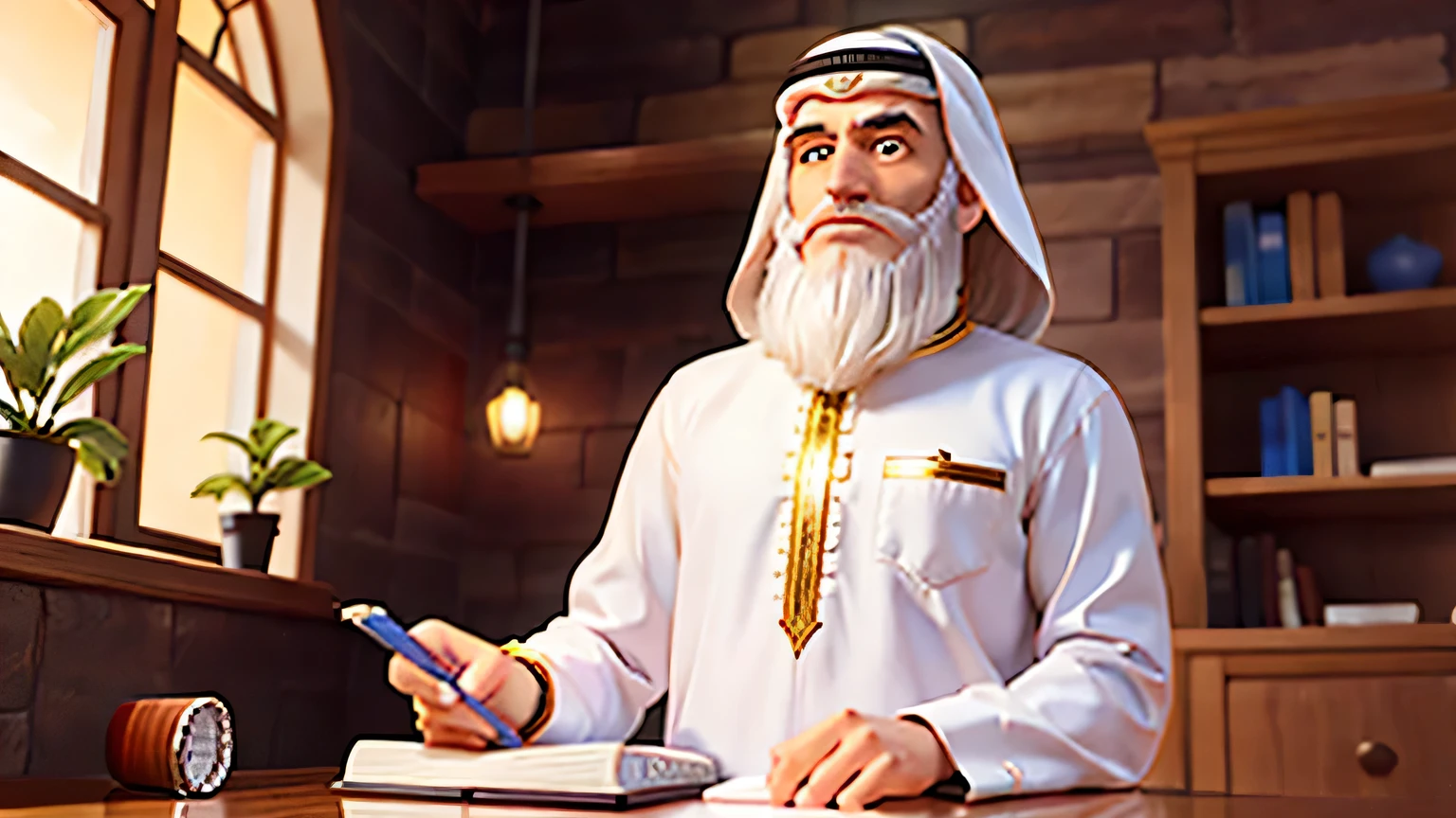 homem arabe, cabelos pretos, 35 anos, com barba, standing and facing, with a notebook in your hand