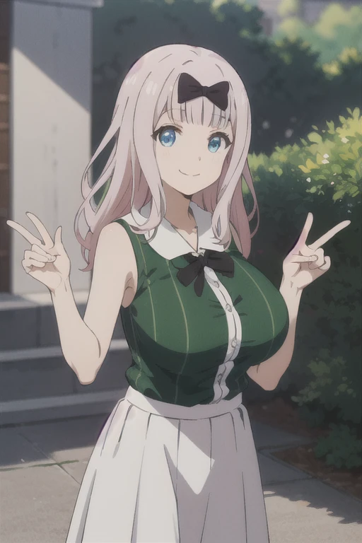 highest quality, (masterpiece:1.2), be familiar with,
fujiwara chika (Kaguya-sama),
1 girl, alone, closed mouth, smile,
pink hair, blue eyes, (huge breasts:1.3)
sleeveless shirt, green shirt, white skirt,
Are standing, looking at the viewer,
outdoor