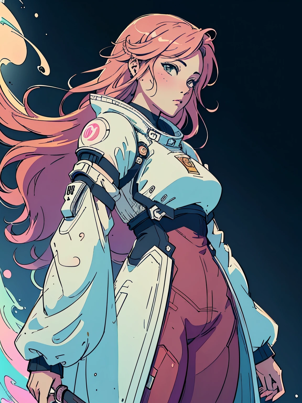 (best quality, sketch:1.2),realistic,illustrator,anime,1 girl, (ultra details ayes),custom, gradient background,textured cropping, masterpiece, anime, a woman standing looking at world fantasy, fantasy world, trending on art station, space art, beautiful anime scene, anime epic artwork. anime, epic realism, planet landing , spiral light wave 