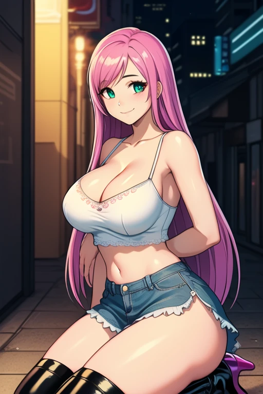 1 girl, 19 years old, Long pink hair, green eyes with slit pupils, master-piece, best quality, (white lace camisole crop top, blue denim skirt, patent leather high heel boots, cleavage), (Big , ultra gigantic , Super super big, Glamorous body), Make eye contact with the camera, front figure, looking forward, (light_Smile:1.5), (Detailed hands and fingers:1.2)、(Cyberpunk city at night), (FULL BODYSHOT), thighs thighs thighs thighs、beauty legs、Bare legs