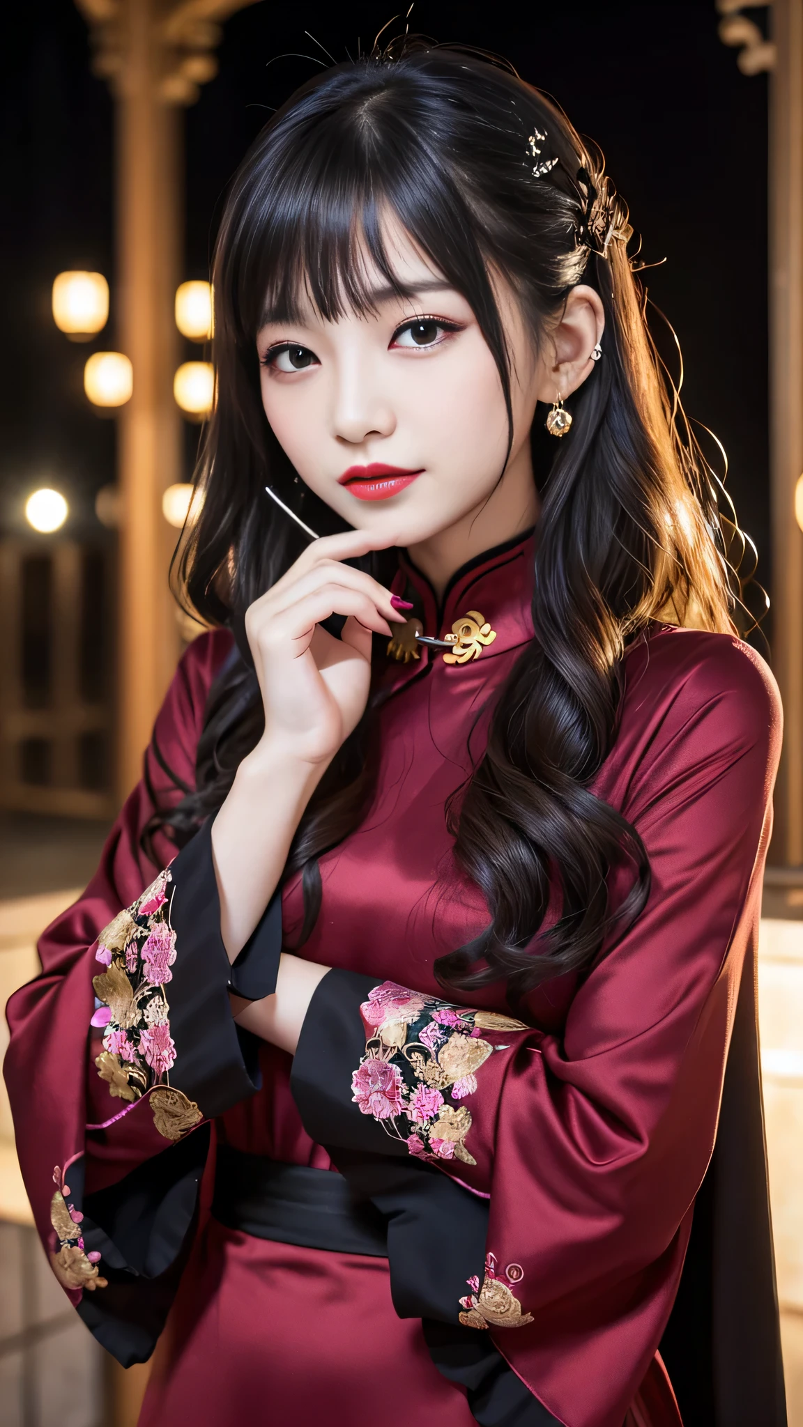 tra-detailed、2girls、Japanese、attractive beauty、seductive adult woman、pretty woman、piercing eyes、cool girl、wavy hair、swept bangs、Long Black Cheongsam、wide sleeves、Evil cadres、evil depravity、brainwash、mind control、lipstick、lip gloss、dark makeup、smirk、whisper in your ear、Evil expression、evil、hollow eyes,half-closed eyes、empty eyes、evil、church at night、vampire、succubus、vampire、Swear allegiance、stand