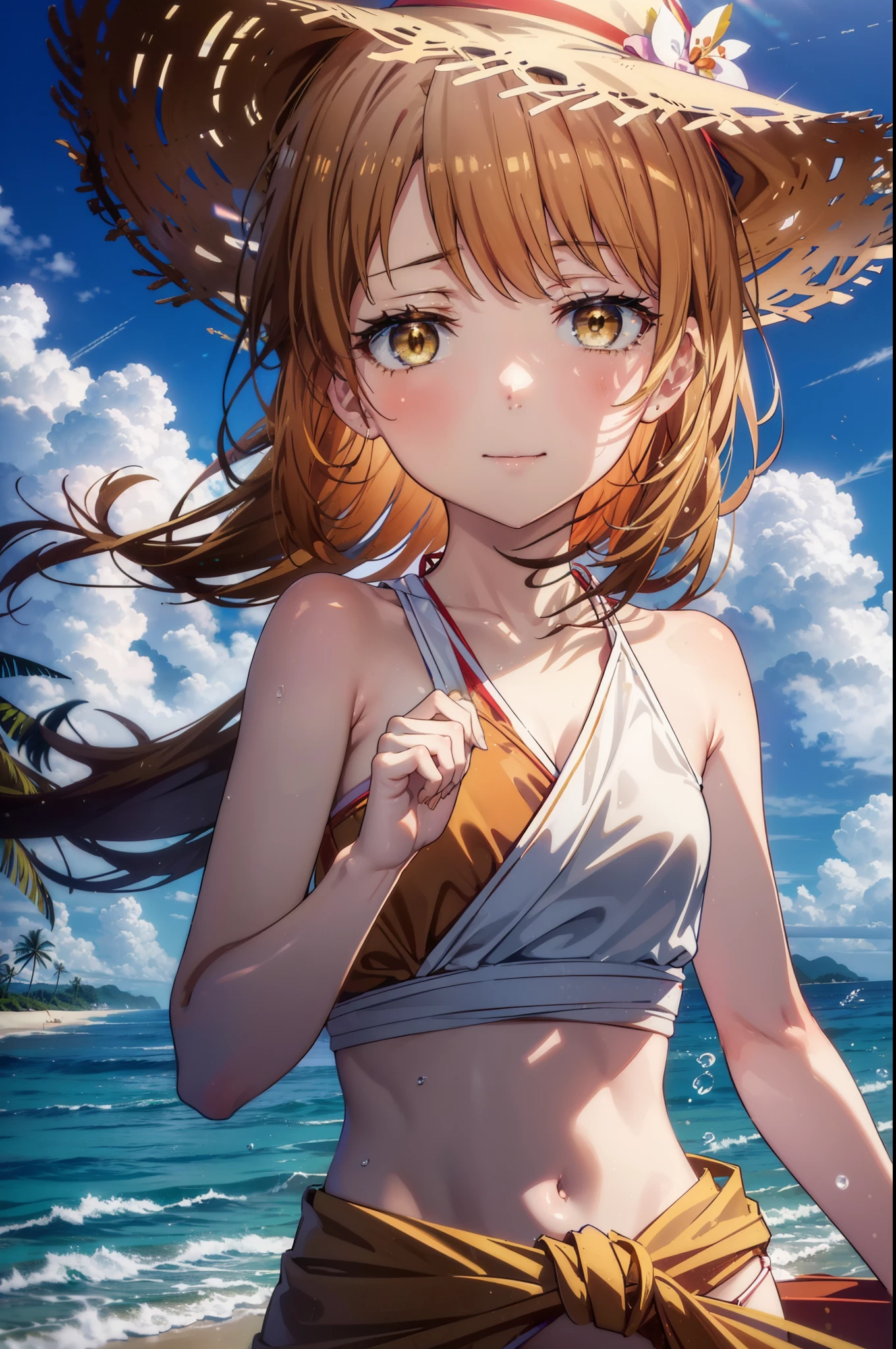 irohaisshiki, iroha isshiki, long hair, brown hair, (brown eyes:1.5), medium chest,happy smile, smile, open your mouth,smile,big straw hat,yellow bikini swimsuit,naked belly,A thin, long yellow blanket is wrapped around her waist., barefoot, beach outfit,real summer,Palm tree, 砂浜
break outdoors, beach,
break looking at viewer,
break (masterpiece:1.2), highest quality, High resolution, unity 8k wallpaper, (figure:0.8), (detailed and beautiful eyes:1.6), highly detailed face, perfect lighting, Very detailed CG, (perfect hands, perfect anatomy),