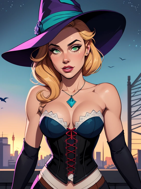 Lana Dell Ray Imagem de desenho animado de uma mulher .cartoon style illustration, estilo de arte dos desenhos animados, estilo de arte dos desenhos animados, digital illustration style, design de personagens altamente detalhado, arte digital detalhada fofa, City fan art, Design de personagens de retrato, beautiful digital illustration, retrato de alta qualidade, Arte em quadrinhos, mulher jovem. Green eyes Medium bust and wonderful witch outfit sensual corset costume. expression of sexual desire