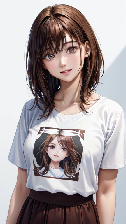 (highest quality、8k、32K、masterpiece)、(realistic)、(Photoreal:1.2)、(High resolution)、Super detailed、very beautiful face and eyes、1 girl、round and small face、thin waist、delicate body、(close、highest quality、high detail、rich skin details)、(highest quality、8k、oil paint:1.2)、Super detailed、(realistic、realistic:1.37)、bright colors、(((flaxen hair)))、(((bust shot)))、(((medium hair)))、(((side ponytail hair)))、(((pure white wall background)))、(((pure white wall background)))、(((She has a happy expression)))、(((I'm smiling)))、(((wearing a black T-shirt)))、(((This is a T-shirt with the universe drawn on the chest.)))、(((look straight ahead)))、(((I have brown hair)))、(((the skirt is short)))、(((teeth visible)))、(((Hands are above the head)))、