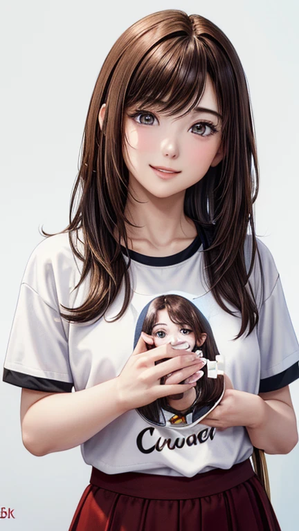 (highest quality、8K、32k、masterpiece)、(realistic)、(Photoreal:1.2)、(High resolution)、Super detailed、very beautiful face and eyes、1 girl、round and small face、thin waist、delicate body、(close、highest quality、high detail、Rich skin details)、(highest quality、8K、oil paint:1.2)、Super detailed、(realistic、realistic:1.37)、bright colors、(((flaxen hair)))、(((bust shot)))、(((medium hair)))、(((vermilion hair)))、(((pure white wall background)))、(((pure white wall background)))、(((She has a happy expression)))、(((i have light brown hair)))、(((Wearing a gray T-shirt)))、(((The costume is a T-shirt with playing cards on it...)))、(((look straight ahead)))、(((私 have brown hair)))、(((the skirt is short)))、(((teeth visible)))、(((Hands are above the head)))、(((my hair is brown)))