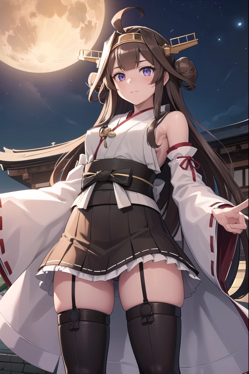 KanColle Kongou, kongou, Ahoge, brown hair, double good, bun hair, hair band, headgear, long hair, (purple eyes:1.1), 
break boots, removed sleeve, kimono, non-traditional shrine maiden, ribbon trim, ribbon trimの袖, thigh boots, wide sleeve, highest quality, High resolution, unity 8k wallpaper, (figure:0.8), (detailed and beautiful eyes:1.6), highly detailed face, perfect lighting, Very detailed CG, (perfect hands, perfect anatomy),full moon、Photo from below、mini skirt