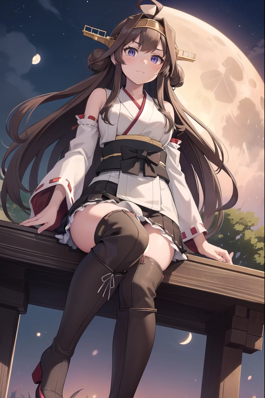 KanColle Kongou, kongou, Ahoge, brown hair, double good, bun hair, hair band, headgear, long hair, (purple eyes:1.1), 
break boots, removed sleeve, kimono, non-traditional shrine maiden, ribbon trim, ribbon trimの袖, thigh boots, wide sleeve, highest quality, High resolution, unity 8k wallpaper, (figure:0.8), (detailed and beautiful eyes:1.6), highly detailed face, perfect lighting, Very detailed CG, (perfect hands, perfect anatomy),full moon、Photo from below、how panties