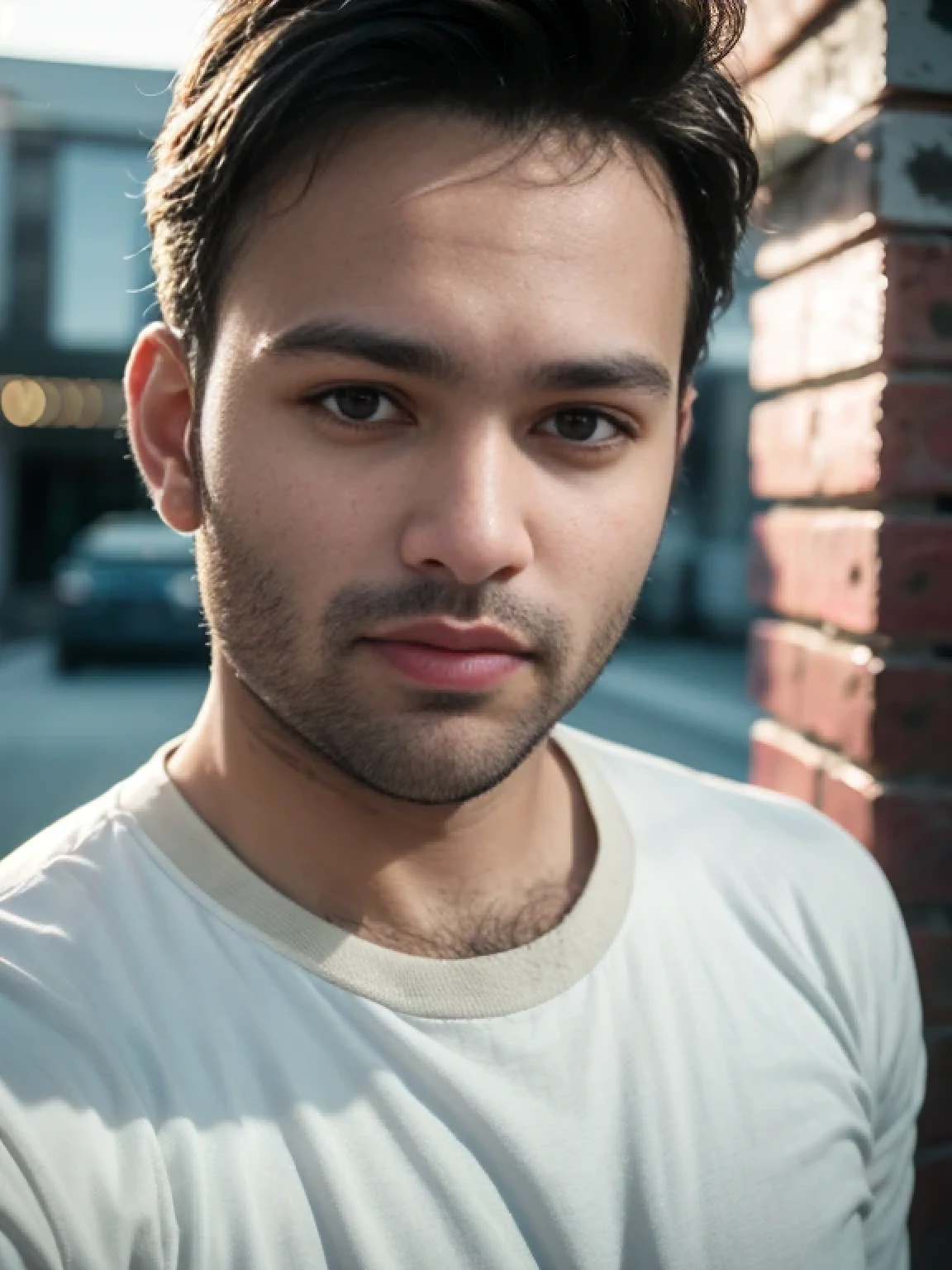 A beautiful young bearded man with highly detailed skin looking at the camera,8k,high res, soft light,no contrast,ultra realistic, photorealism.((real life photo,realistic:1.9, short beard:1)),hdr
