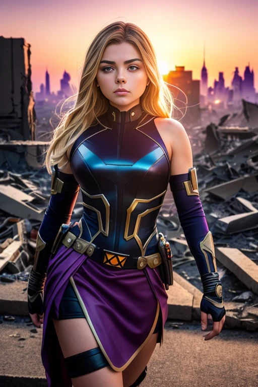 chloe grace moretz、torn suit、I'm wearing a skirt、masterpiece, 1 girl, マーベルのサイロックとしてbeautiful女性, X-Men Psylocke Cosplay、purple suit、Fine and delicate features, futuristic new york background, Science fiction, blonde, super heroine, heroic, perfect balance, photograph, 超realistic, masterpiece, 8k, large format camera, 110mm lens, dynamic lighting, rim lighting、official art, extremely detailed CG 8K wallpaper, perfect lighting, De color, bright_amount_method_light, piel bright, (masterpiece:1.0), (Better_quality:1.0), ultra high resolution, 4k , Super detailed, director of photography, 8K, HDR, Altas Resolightones, (confused:1.2), kodak portrait 400, film grain, blurred background, (Bokeh:1.2), Lens flare, (lively_color:1.2), プロのphotograph撮影, (beautiful_method:1.5),More detailed 8K.unreal engine:1.4,Hmm,La Better calidad:1.4, realistic:1.4, skin temperature:1.4, masterpiece:1.8,masterpiece, Better calidad,object object], (detailed facial features:1.3),(Anti-sedentary apocalyptic destroyed city:1.4), (Apocalyptic Sunset:1.4)