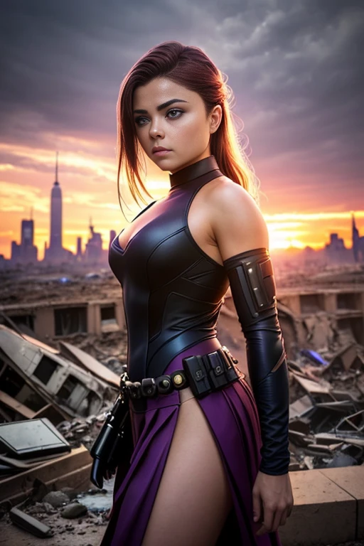 gal gadot、Torn Suit、I'm wearing a skirt、masterpiece, 1 Girl, マーベルのサイロックとしてbeautiful女性, X-Men Psylocke Cosplay、purple suit、Fine and delicate features, Futuristic New York Background, Science fiction, blonde, Super Heroine, heroic, Perfect balance, photograph, 超Realistic, masterpiece, 8k, large format camera, 110mm lens, Dynamic Lighting, Rim lighting、Official Art, extremely detailed CG 8K wallpaper, perfect Lighting, De color, bright_amount_method_Light, piel bright, (masterpiece:1.0), (Better_quality:1.0), Ultra-high resolution, 4k , Very detailed, Director of Photography, 8K, HDR, Altas ResoLightones, (Confused:1.2), Kodak Portrait 400, Film Grain, blurred background, (Bokeh:1.2), Lens flare, (Vibrant_color:1.2), プロのphotograph撮影, (beautiful_method:1.5),More detailed 8K.Unreal Engine:1.4,Hmm.,La Better calidad:1.4, Realistic:1.4, Skin temperature:1.4, masterpiece:1.8,masterpiece, Better calidad,Object Object], (Detailed facial features:1.3),(Anti-sedentary apocalyptic destroyed city:1.4), (Apocalyptic Sunset:1.4)